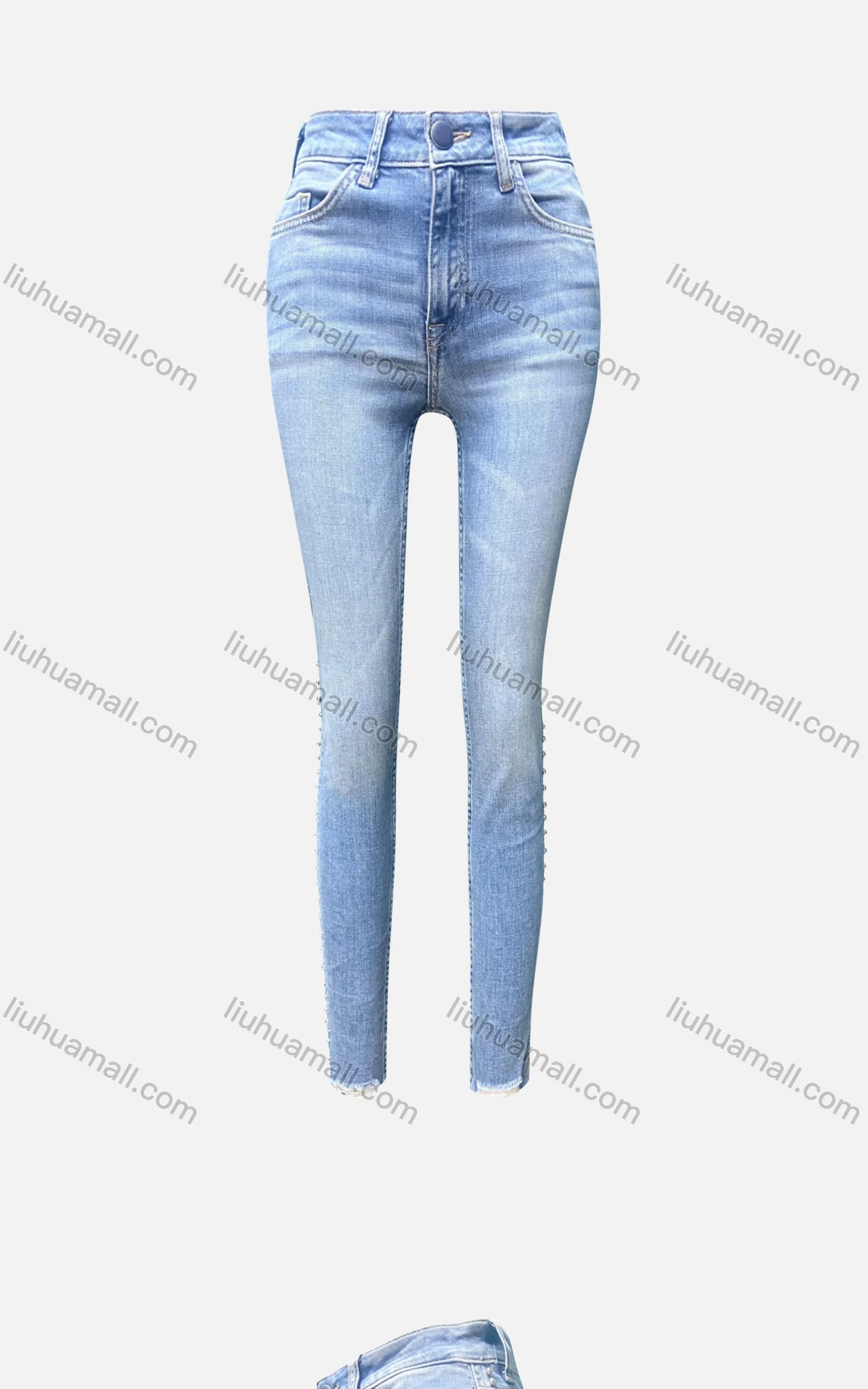 Wholesale Women's Casual Plain Pearl Decor Patch Pocket Frayed Raw Hem Skinny Jeans 4203# - Liuhuamall