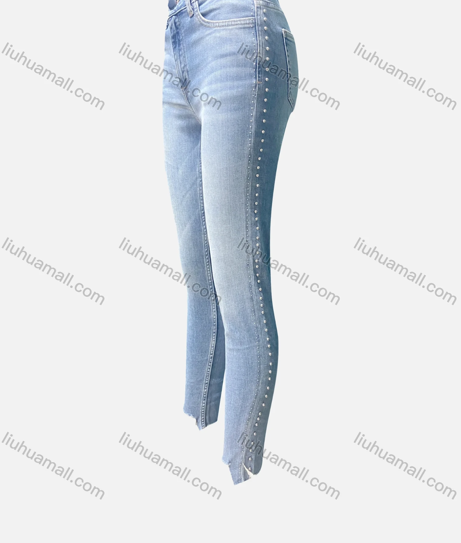 Wholesale Women's Casual Plain Pearl Decor Patch Pocket Frayed Raw Hem Skinny Jeans 4203# - Liuhuamall