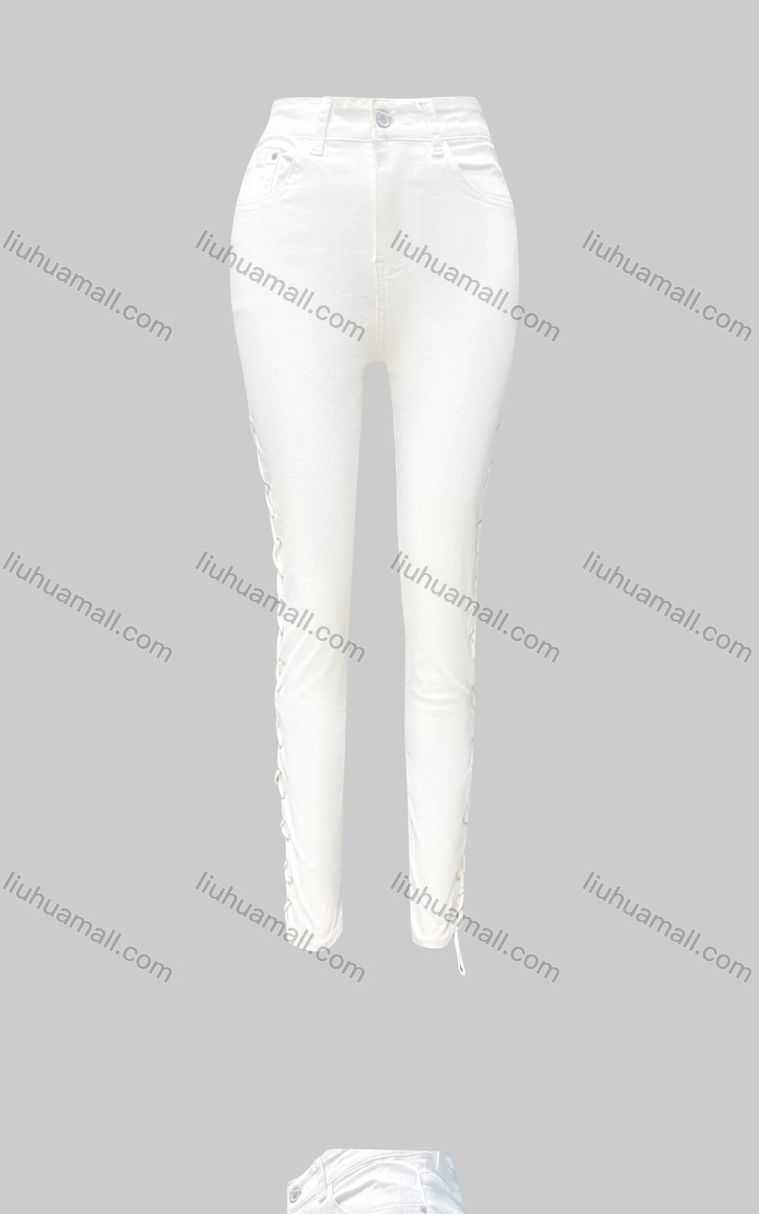 Wholesale Women's Casual Patch Pocket Criss Cross Drawstring Plain Skinny Jeans 4204# - Liuhuamall
