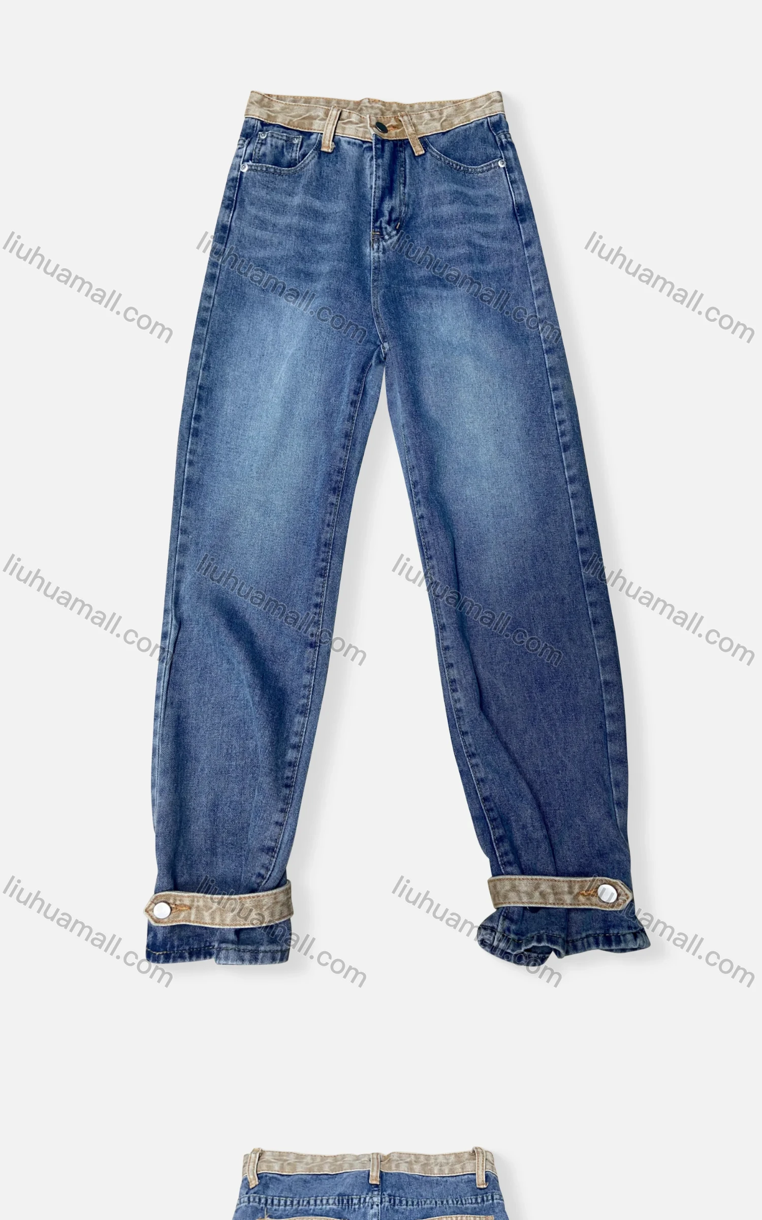Wholesale Women's Casual Plain Patch Pocket Splicing Contrast Buckle Strap Jeans 4205# - Liuhuamall