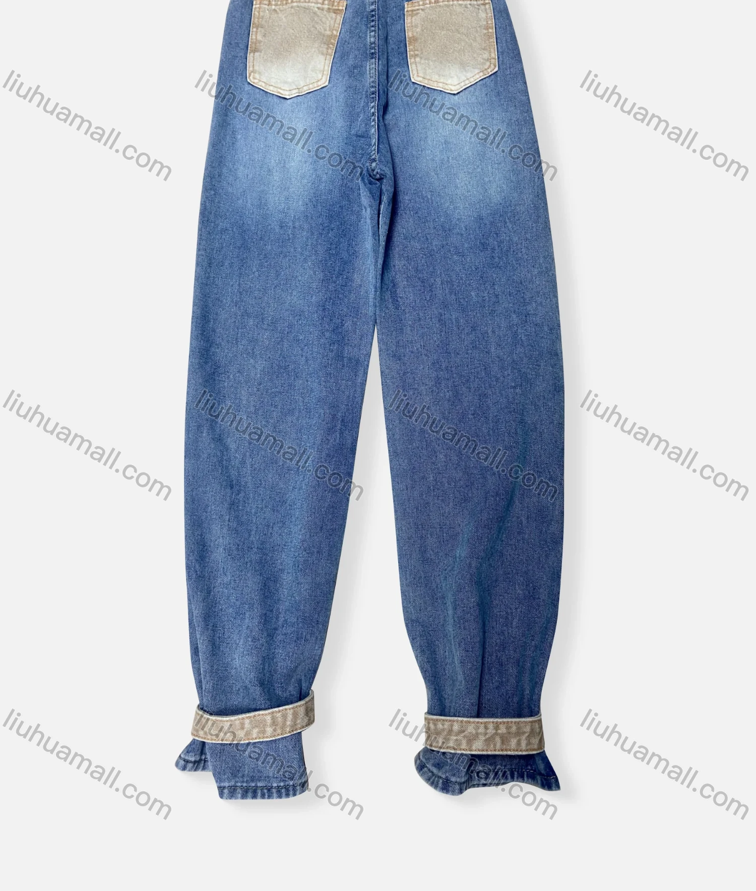 Wholesale Women's Casual Plain Patch Pocket Splicing Contrast Buckle Strap Jeans 4205# - Liuhuamall