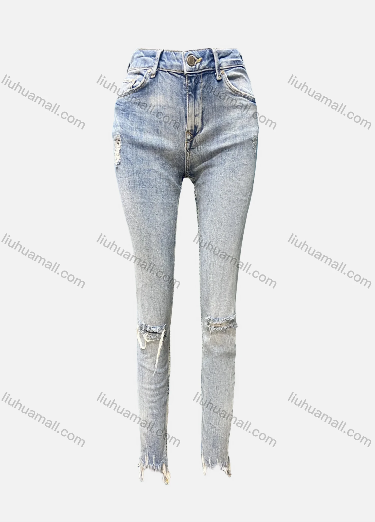 Wholesale Women's Casual Plain Distressed Pockets Ripped Frayed Raw Hem Skinny Jeans 4206# - Liuhuamall