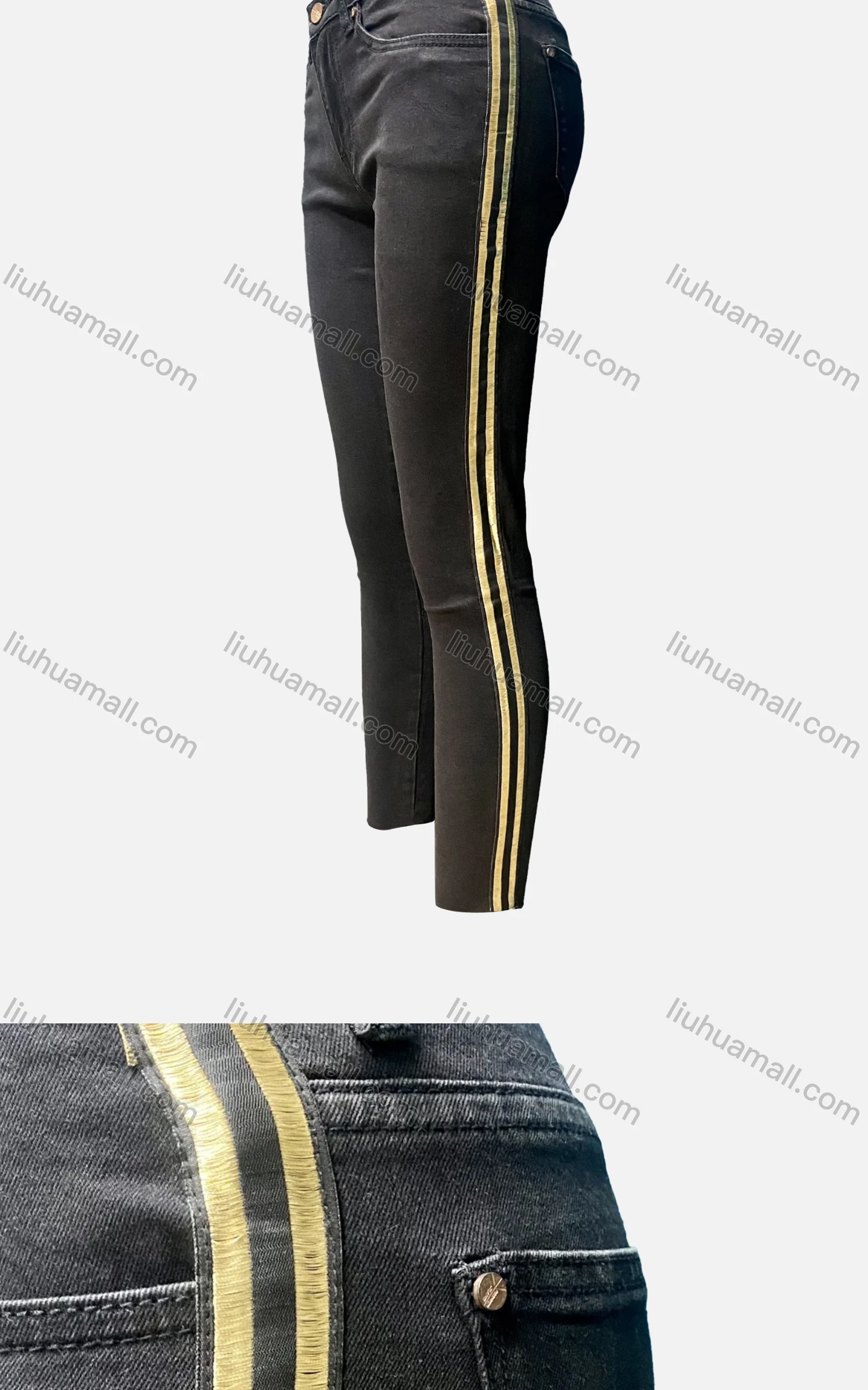 Wholesale Women's Casual Plain Multiple Pockets Striped Trim Skinny Jeans 42080# - Liuhuamall