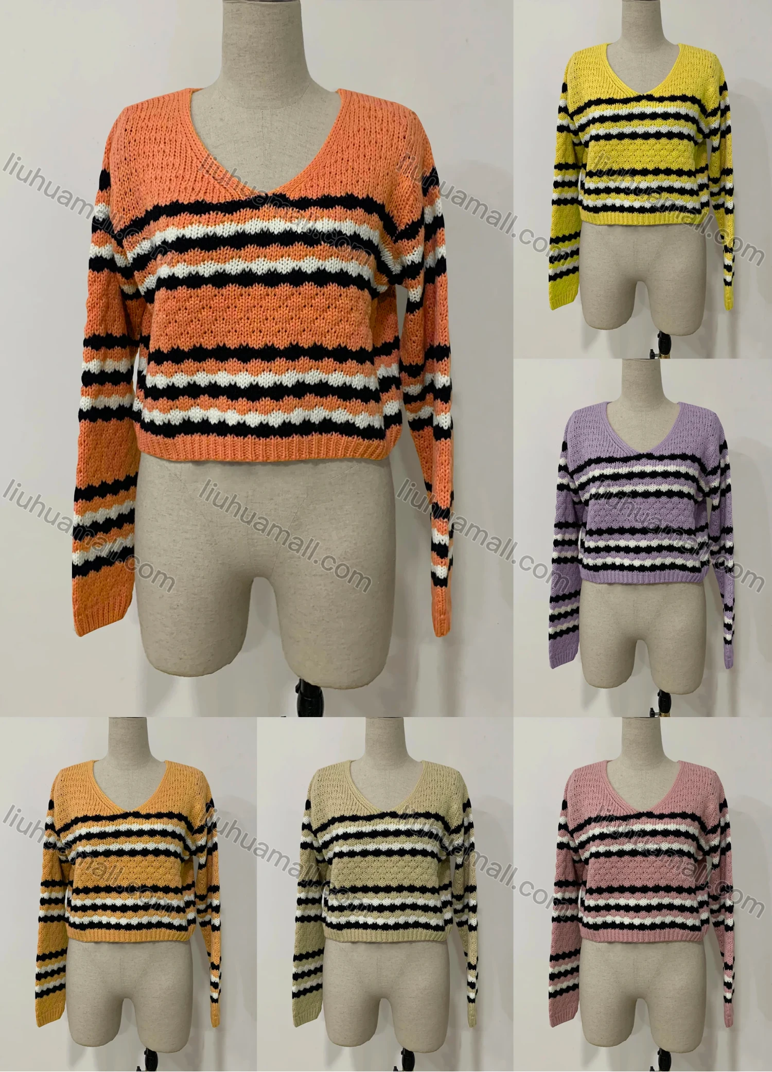Wholesale Women's Casual V Neck Striped Print Knit Crop Sweater - Liuhuamall