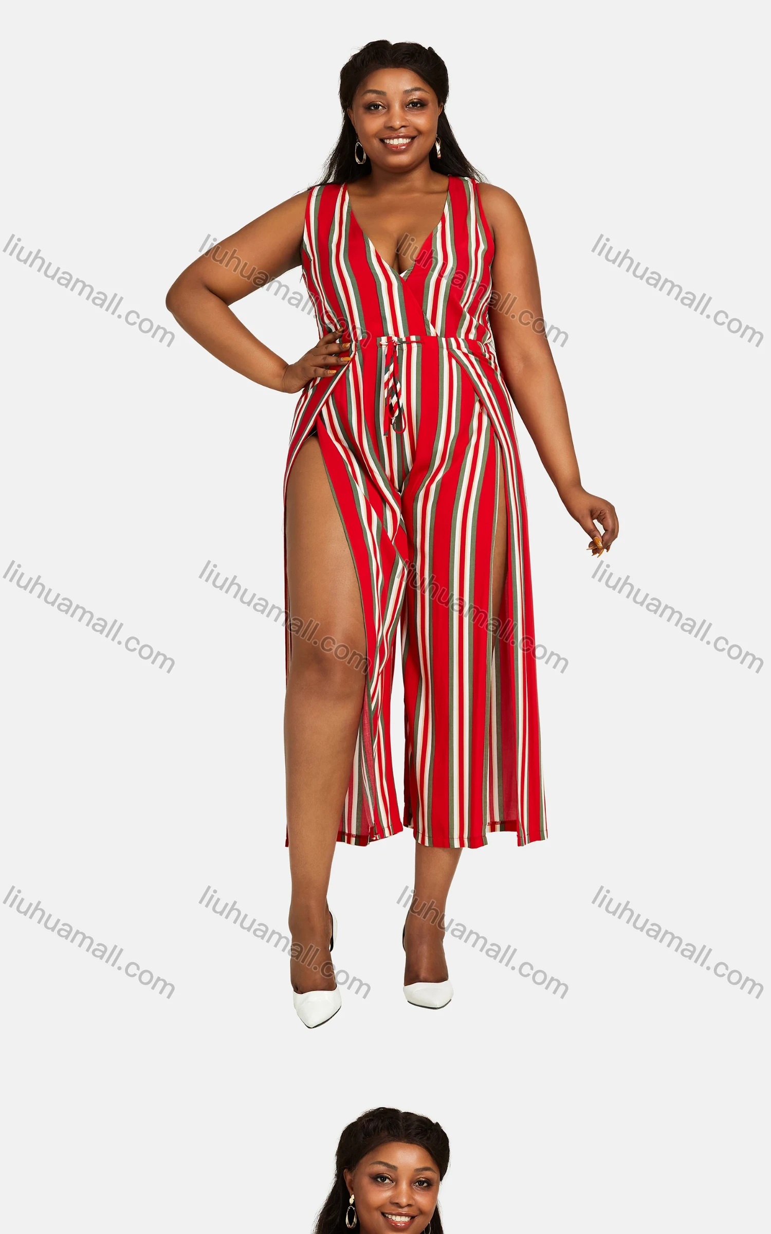 Wholesale Women's Trendy V Neck Sleeveless Striped Split Thigh Romper 27284# - Liuhuamall