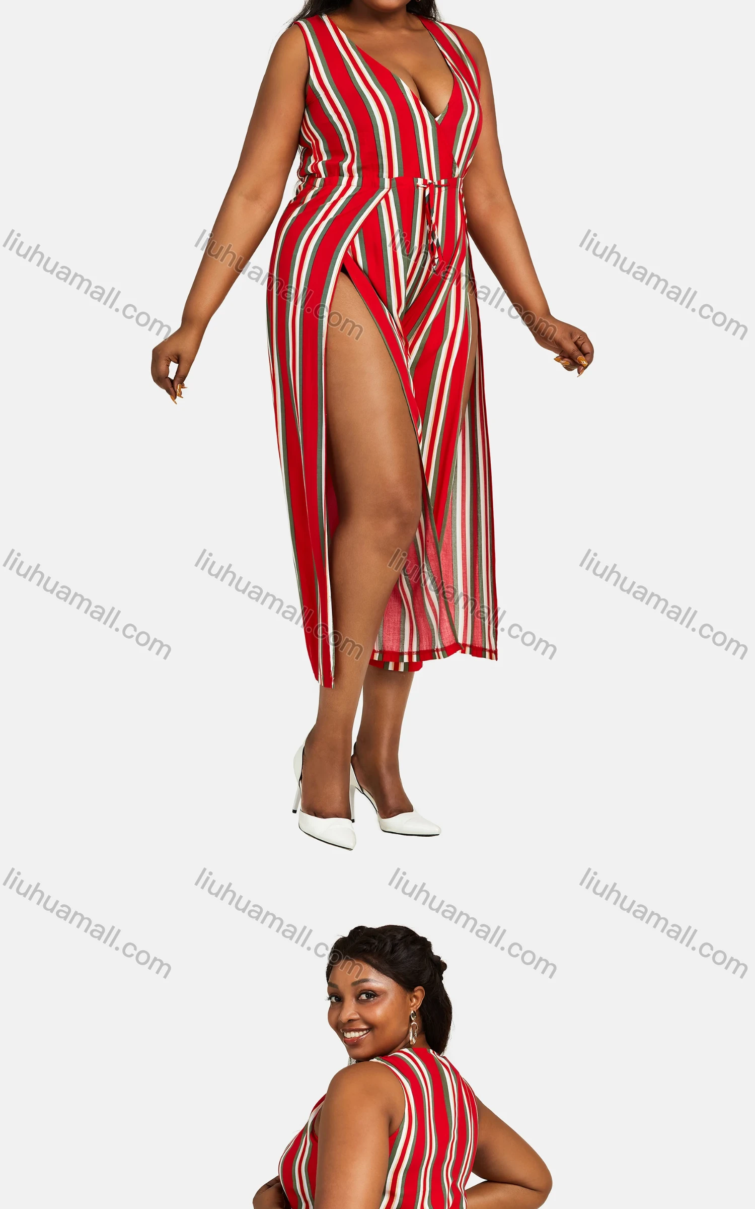 Wholesale Women's Trendy V Neck Sleeveless Striped Split Thigh Romper 27284# - Liuhuamall
