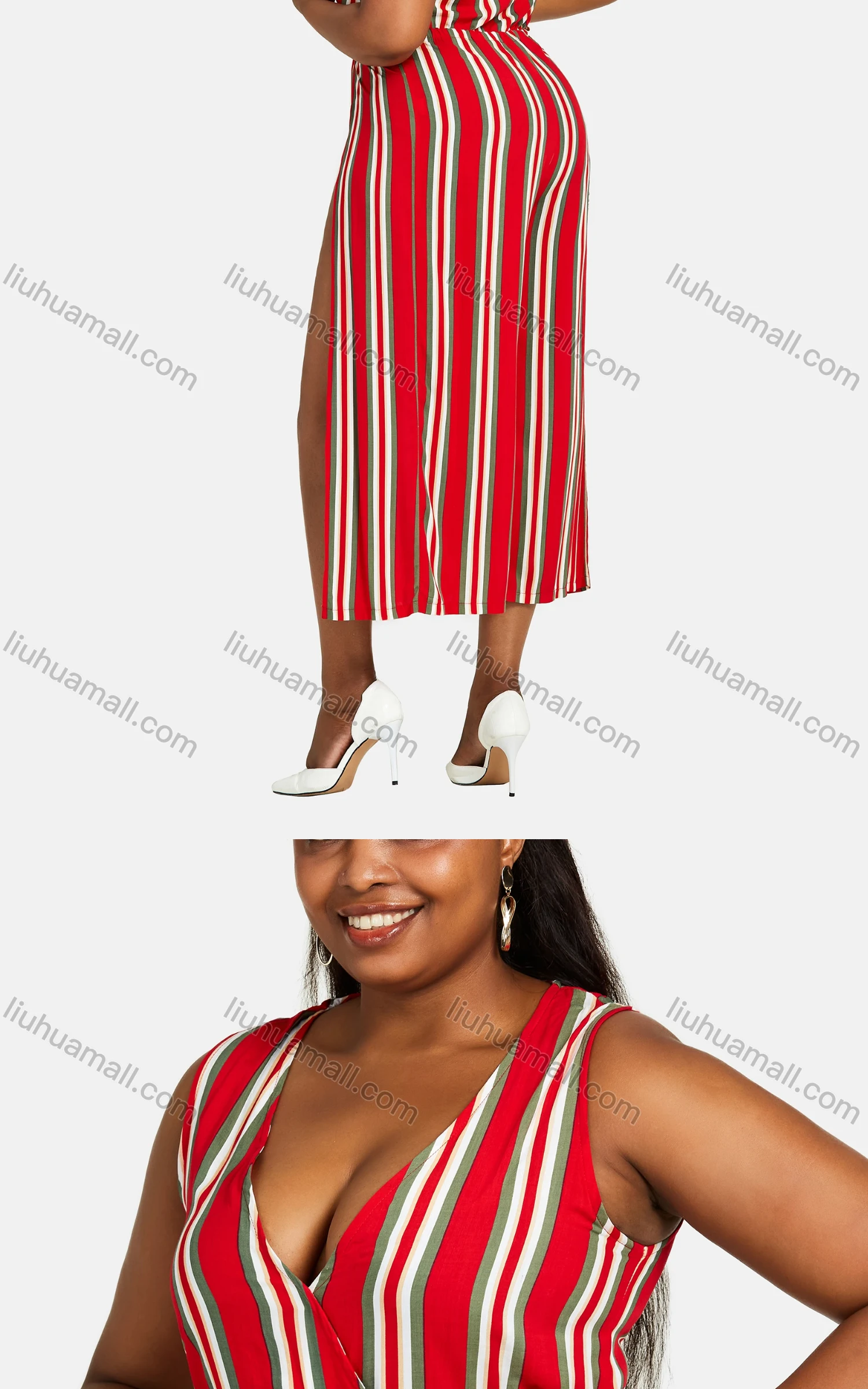 Wholesale Women's Trendy V Neck Sleeveless Striped Split Thigh Romper 27284# - Liuhuamall