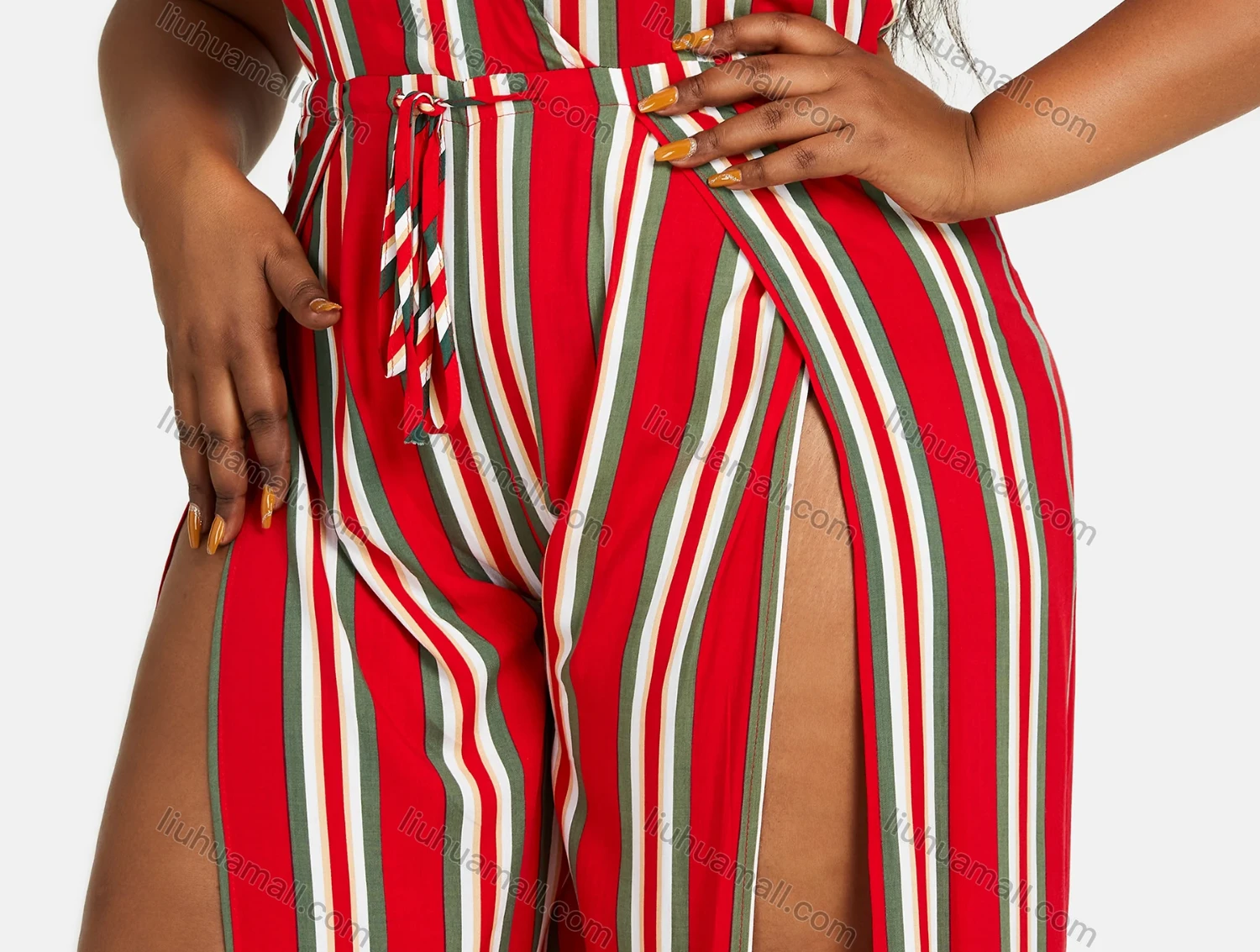 Wholesale Women's Trendy V Neck Sleeveless Striped Split Thigh Romper 27284# - Liuhuamall