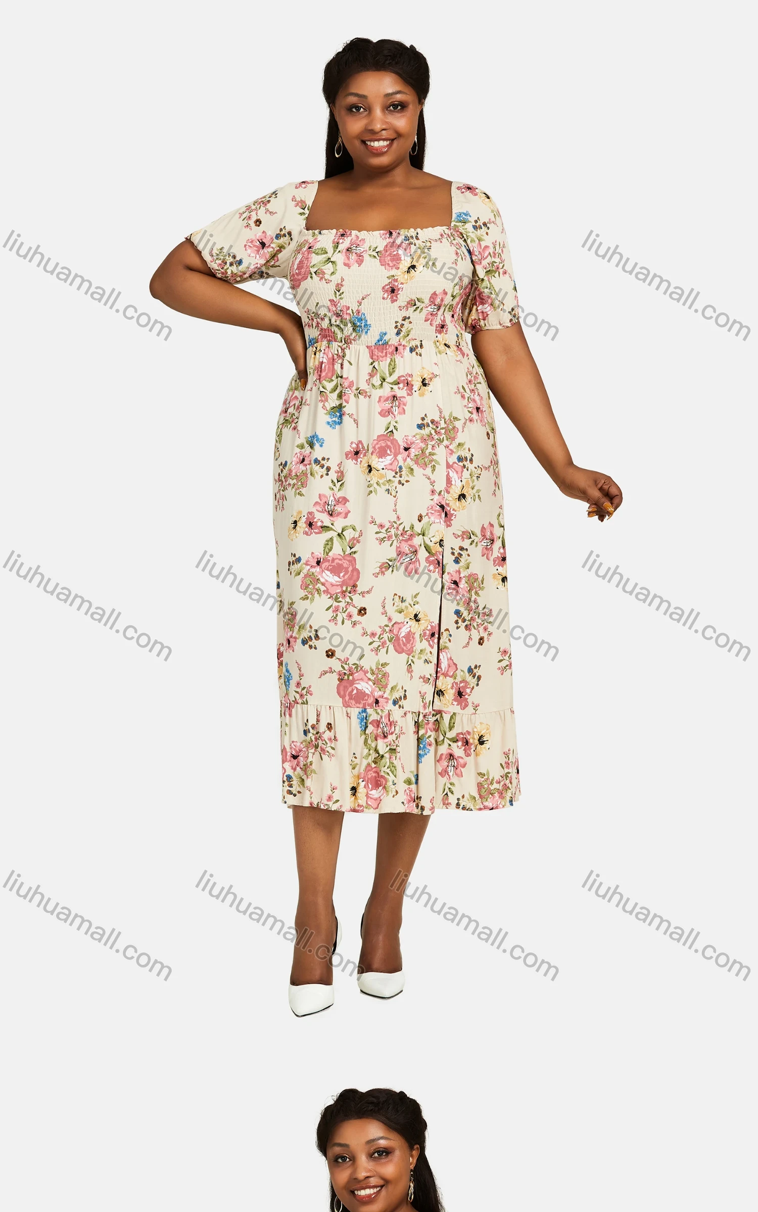 Wholesale Women's Square Neck Floral Print Split Thigh Midi Dress - Liuhuamall