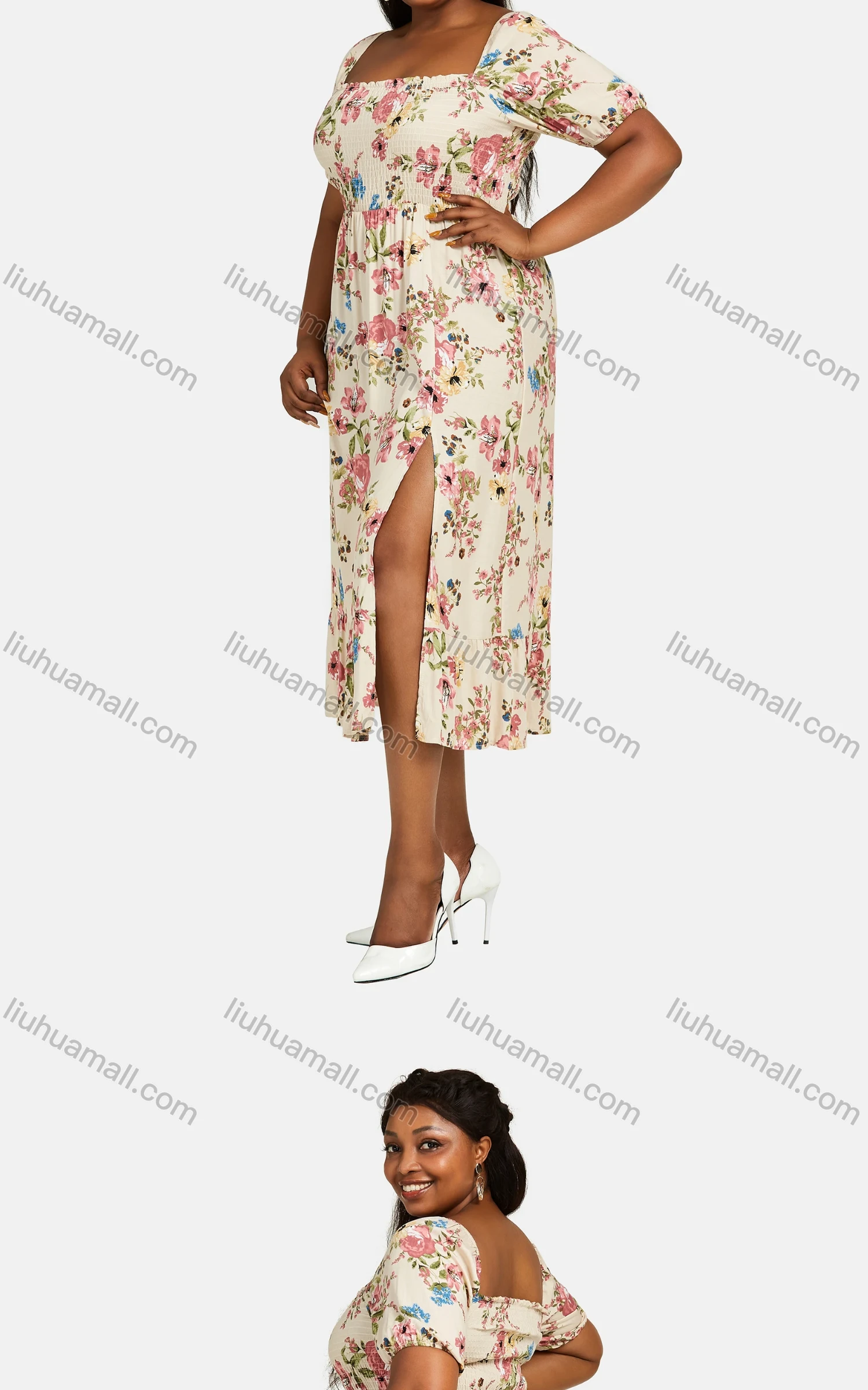 Wholesale Women's Square Neck Floral Print Split Thigh Midi Dress - Liuhuamall
