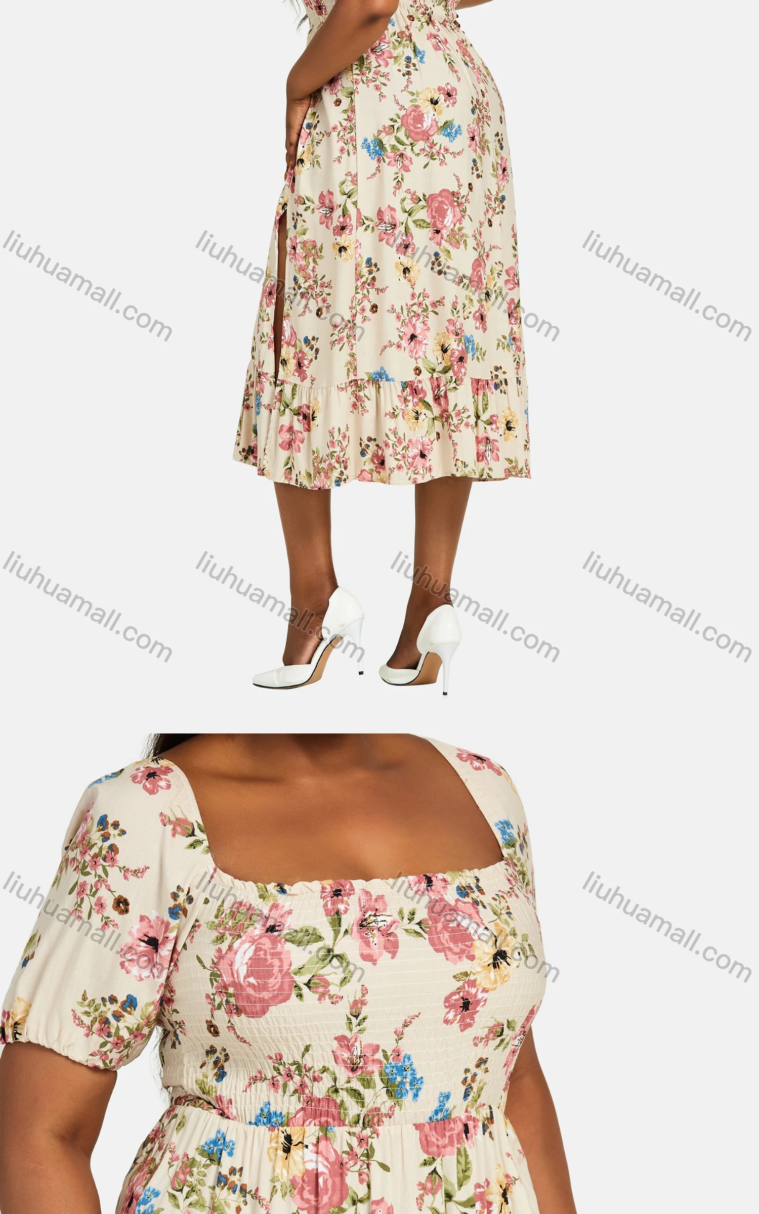 Wholesale Women's Square Neck Floral Print Split Thigh Midi Dress - Liuhuamall