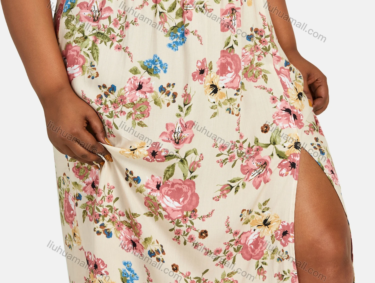 Wholesale Women's Square Neck Floral Print Split Thigh Midi Dress - Liuhuamall