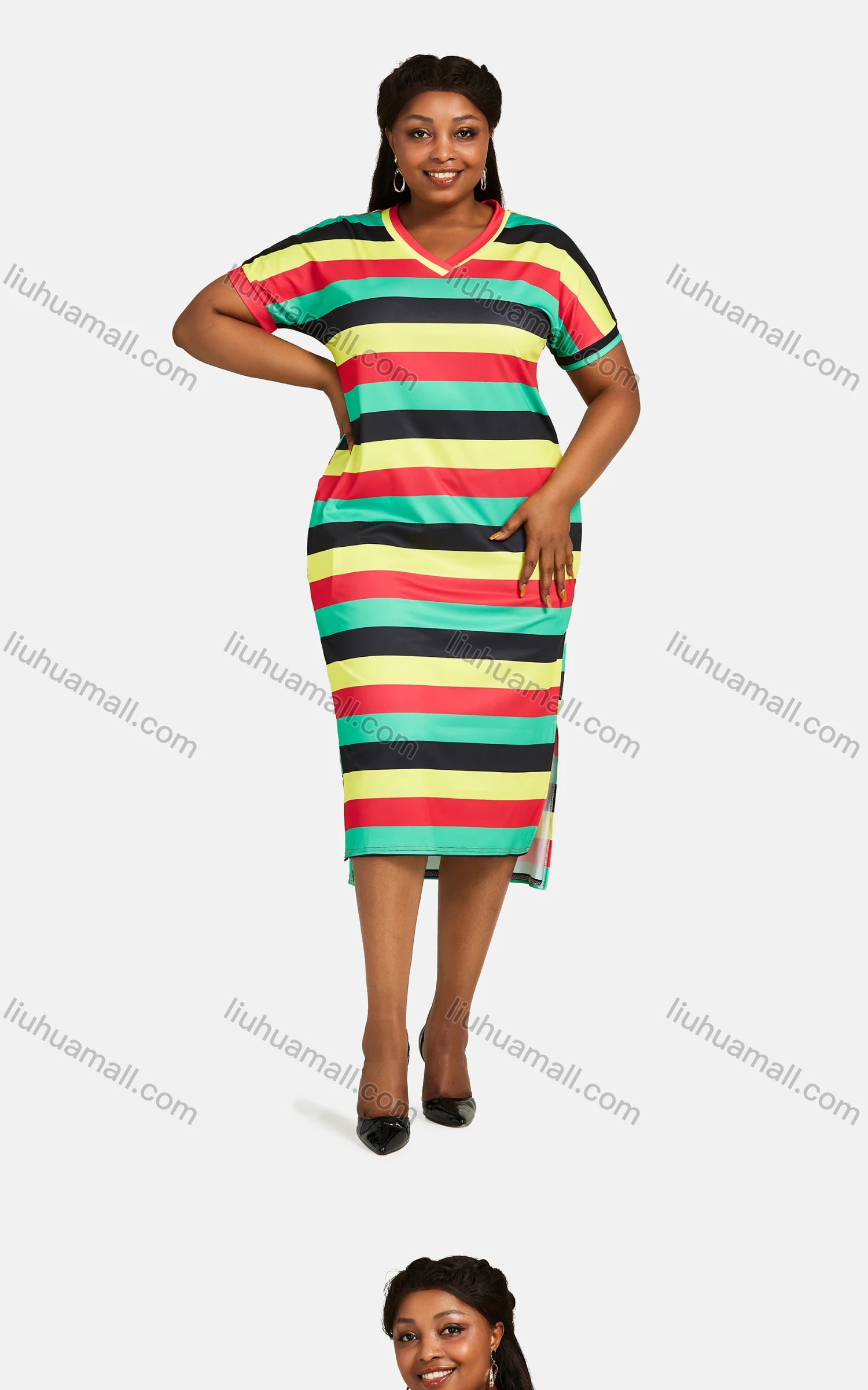 Wholesale Women's V Neck Multicolor Striped Side Slit Knee Length Dress 28071# - Liuhuamall