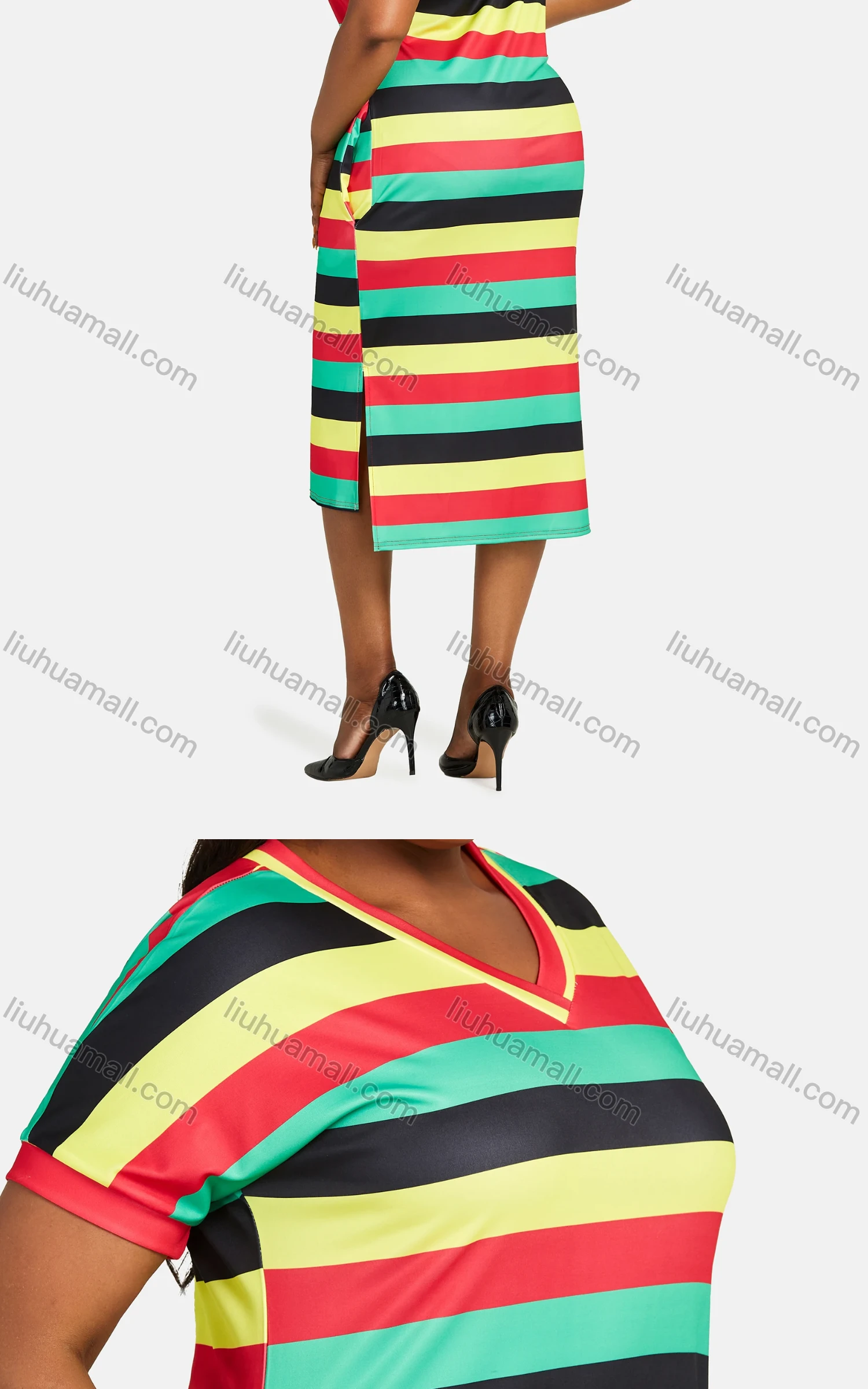 Wholesale Women's V Neck Multicolor Striped Side Slit Knee Length Dress 28071# - Liuhuamall