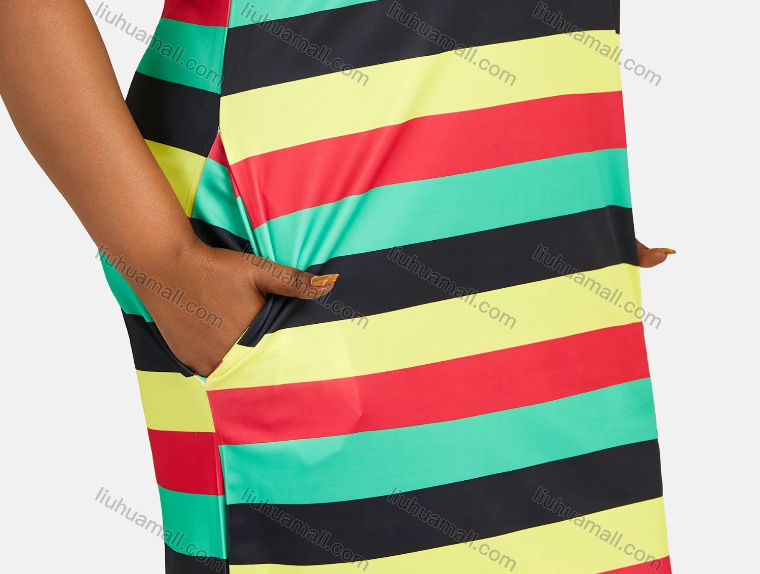 Wholesale Women's V Neck Multicolor Striped Side Slit Knee Length Dress 28071# - Liuhuamall