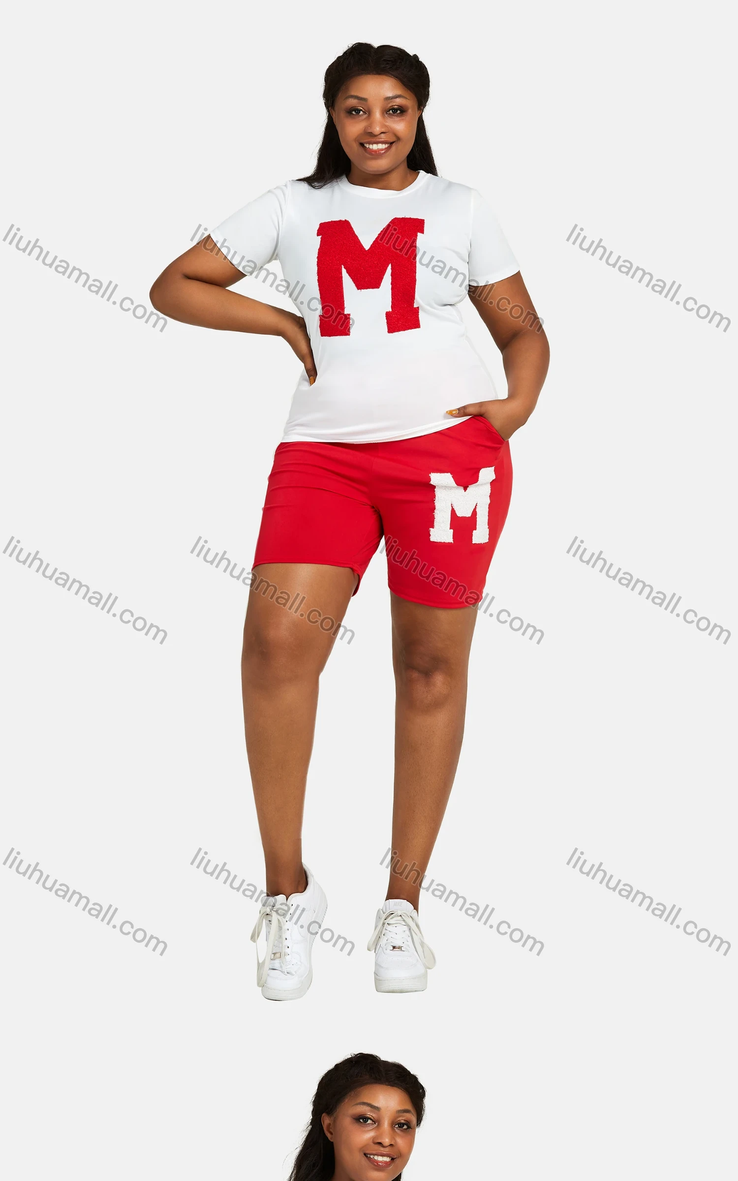 Wholesale Women's Casual 2 Piece Letter Short Sleeve Top & Shorts Set 28077# - Liuhuamall