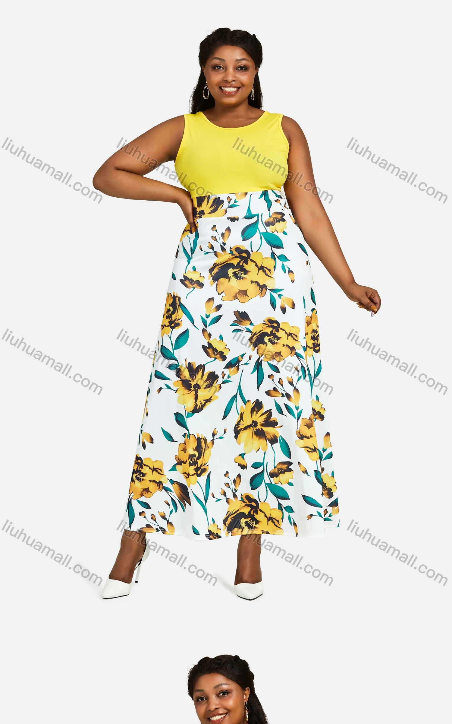 Wholesale Women's Sleeveless High Waist Splicing Floral Print Maxi Tank Dress 28141# - Liuhuamall