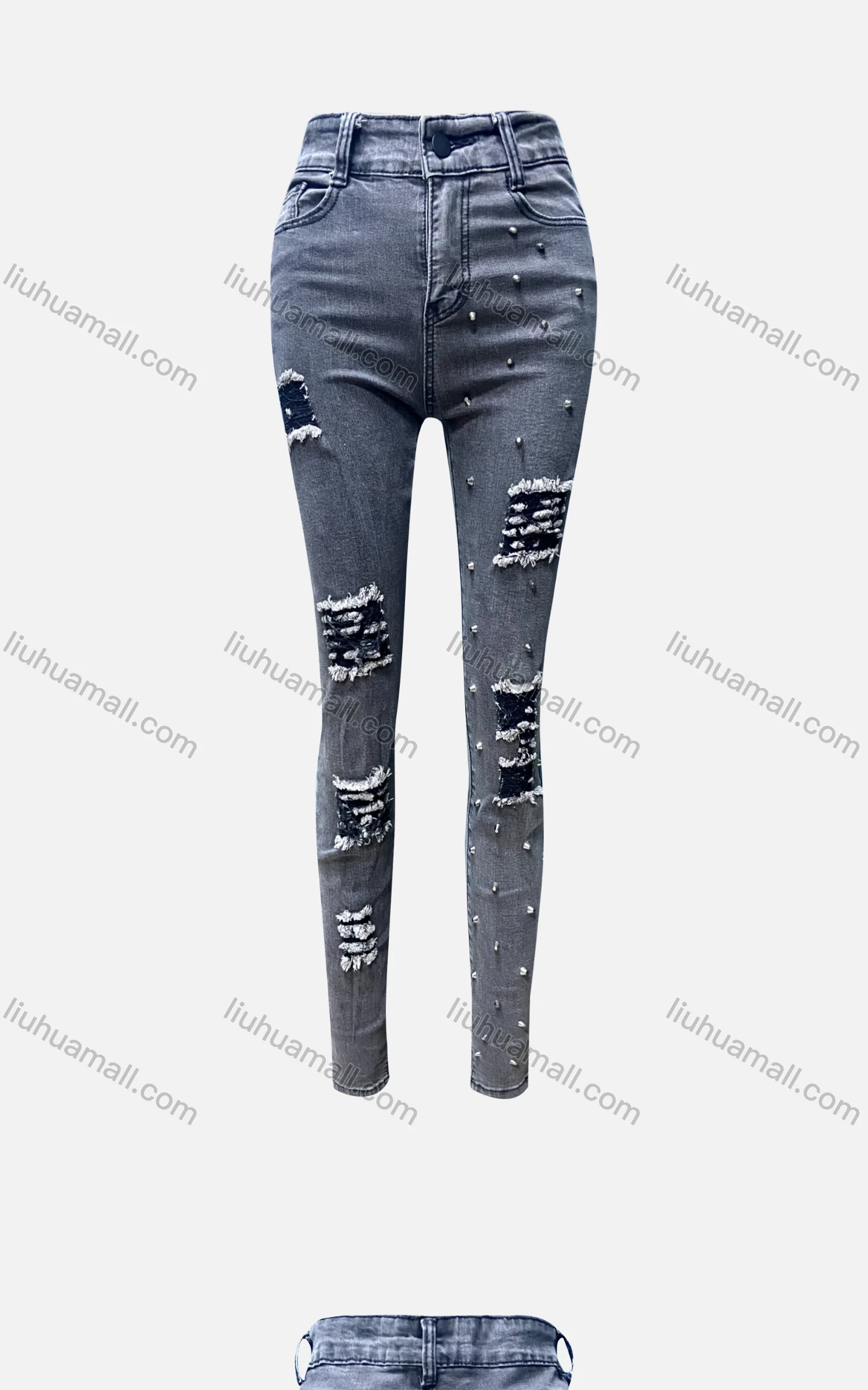 Wholesale Women's Casual Plain Pockets Ripped Rivet Decor Skinny Jeans 4211# - Liuhuamall