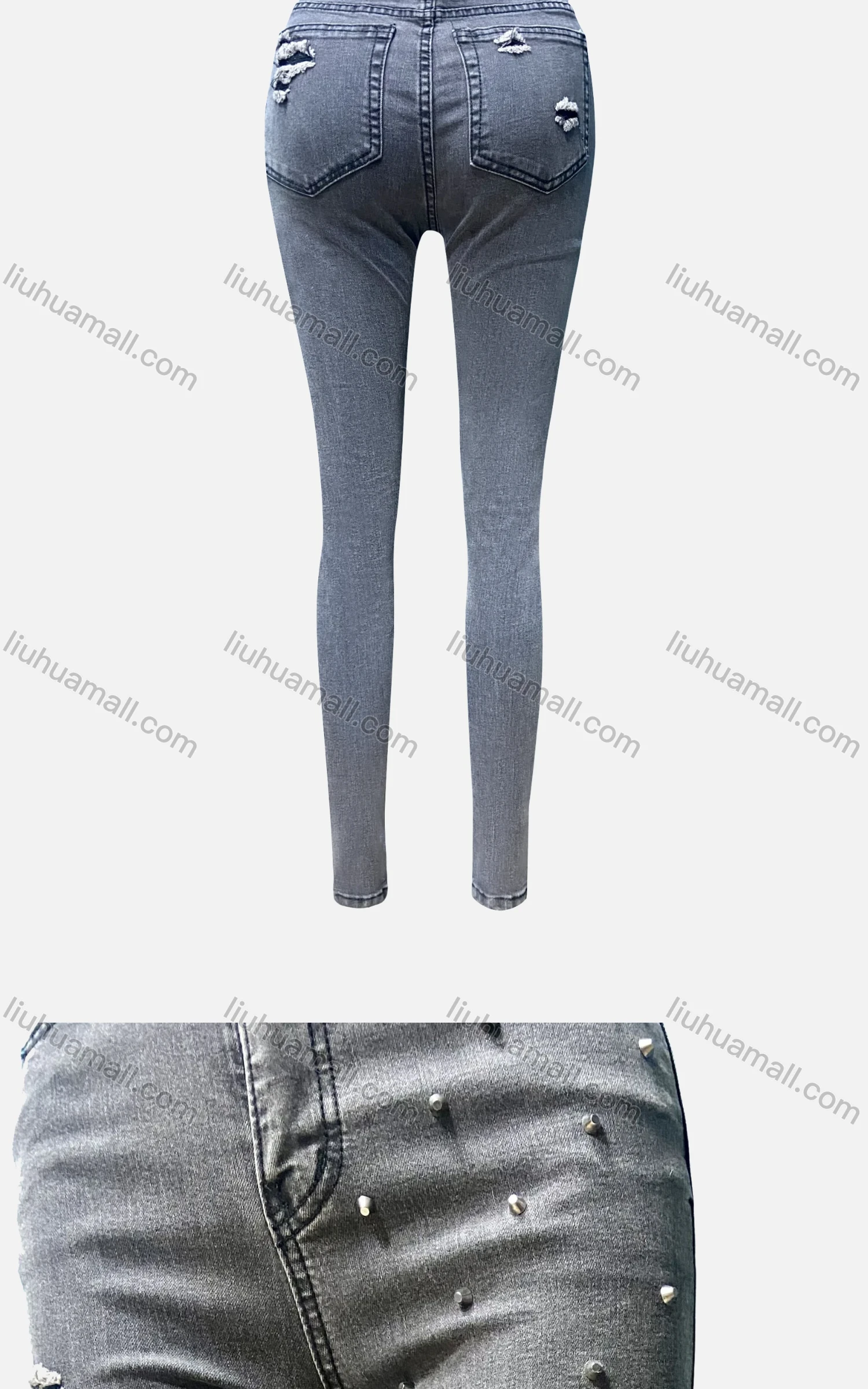 Wholesale Women's Casual Plain Pockets Ripped Rivet Decor Skinny Jeans 4211# - Liuhuamall