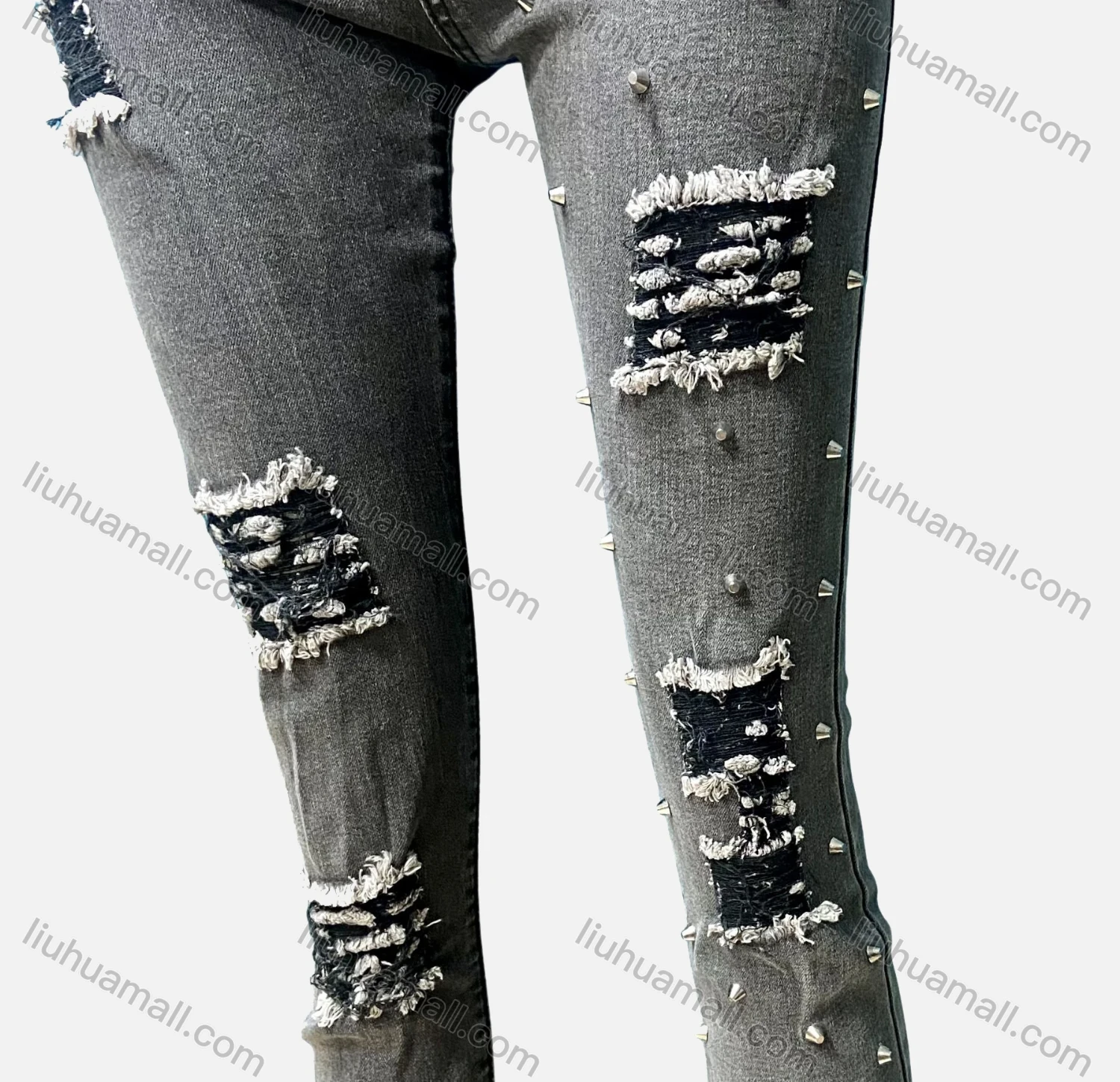 Wholesale Women's Casual Plain Pockets Ripped Rivet Decor Skinny Jeans 4211# - Liuhuamall