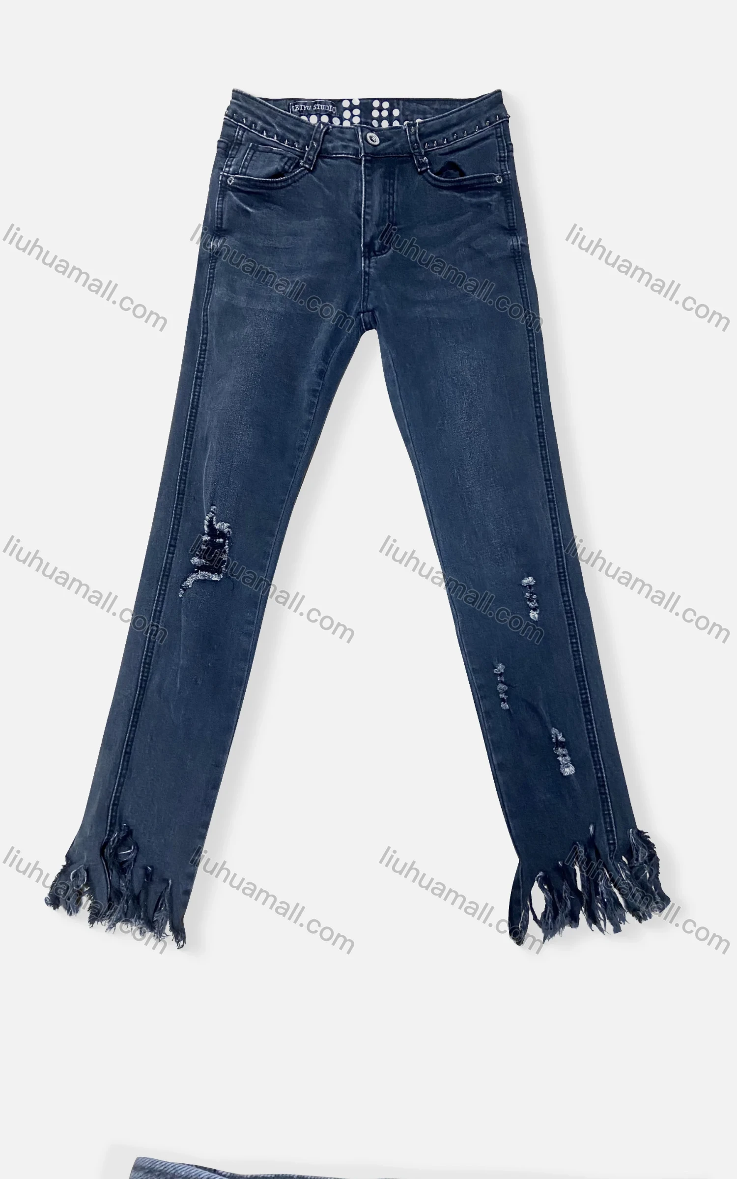 Wholesale Women's Casual Plain Ripped Rivets Multiple Pockets Frayed Raw Hem Jeans 4212# - Liuhuamall