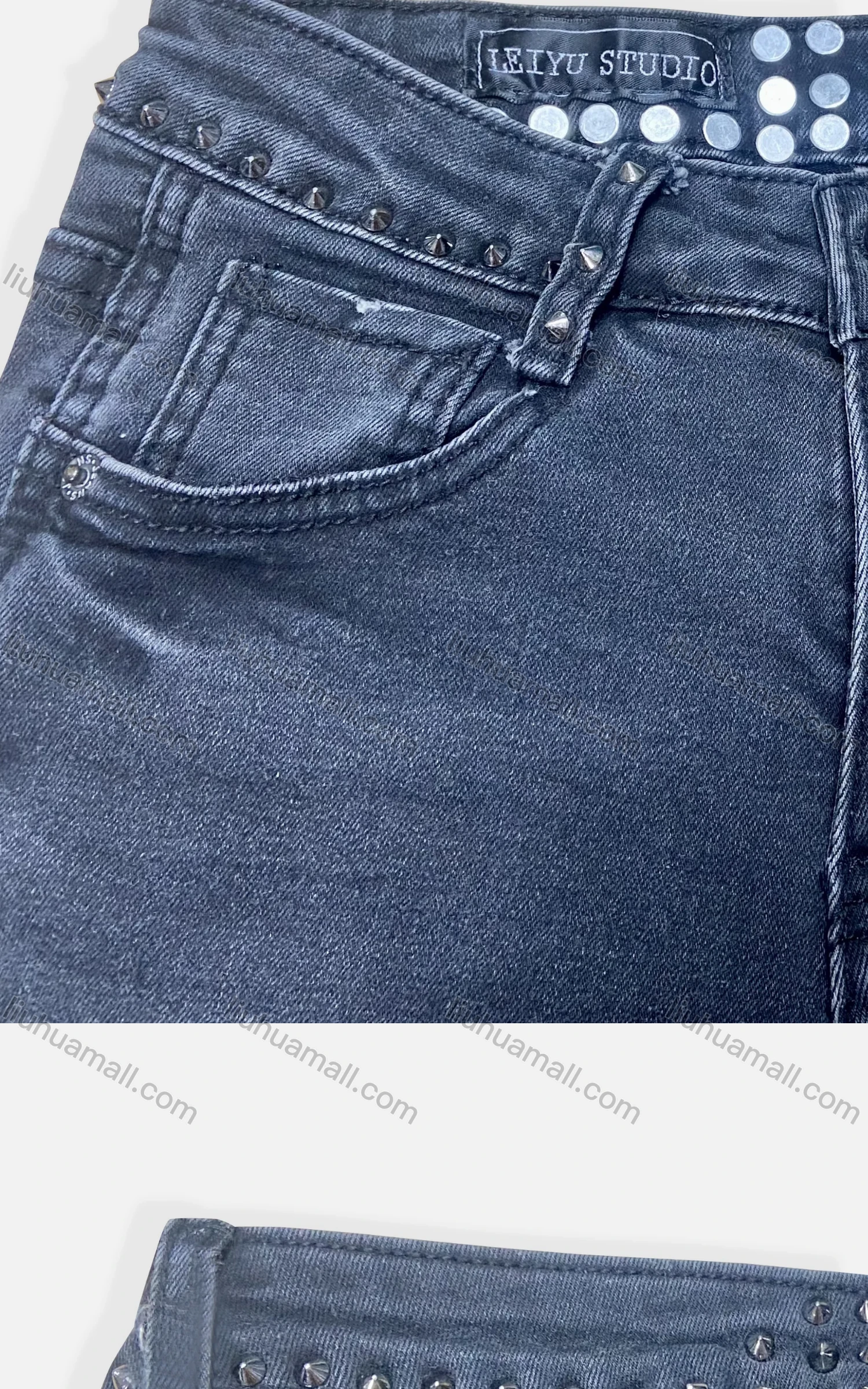 Wholesale Women's Casual Plain Ripped Rivets Multiple Pockets Frayed Raw Hem Jeans 4212# - Liuhuamall