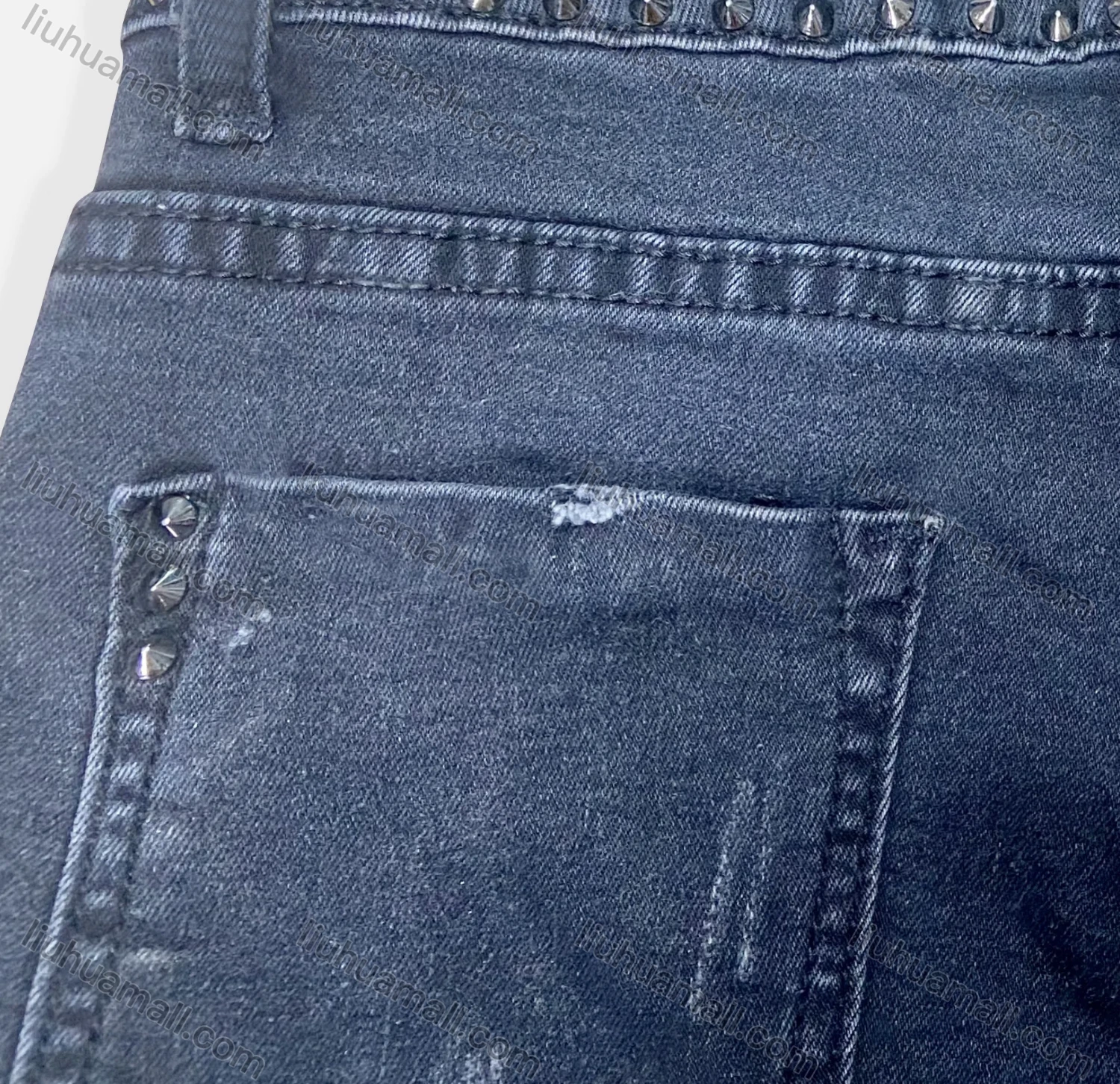 Wholesale Women's Casual Plain Ripped Rivets Multiple Pockets Frayed Raw Hem Jeans 4212# - Liuhuamall