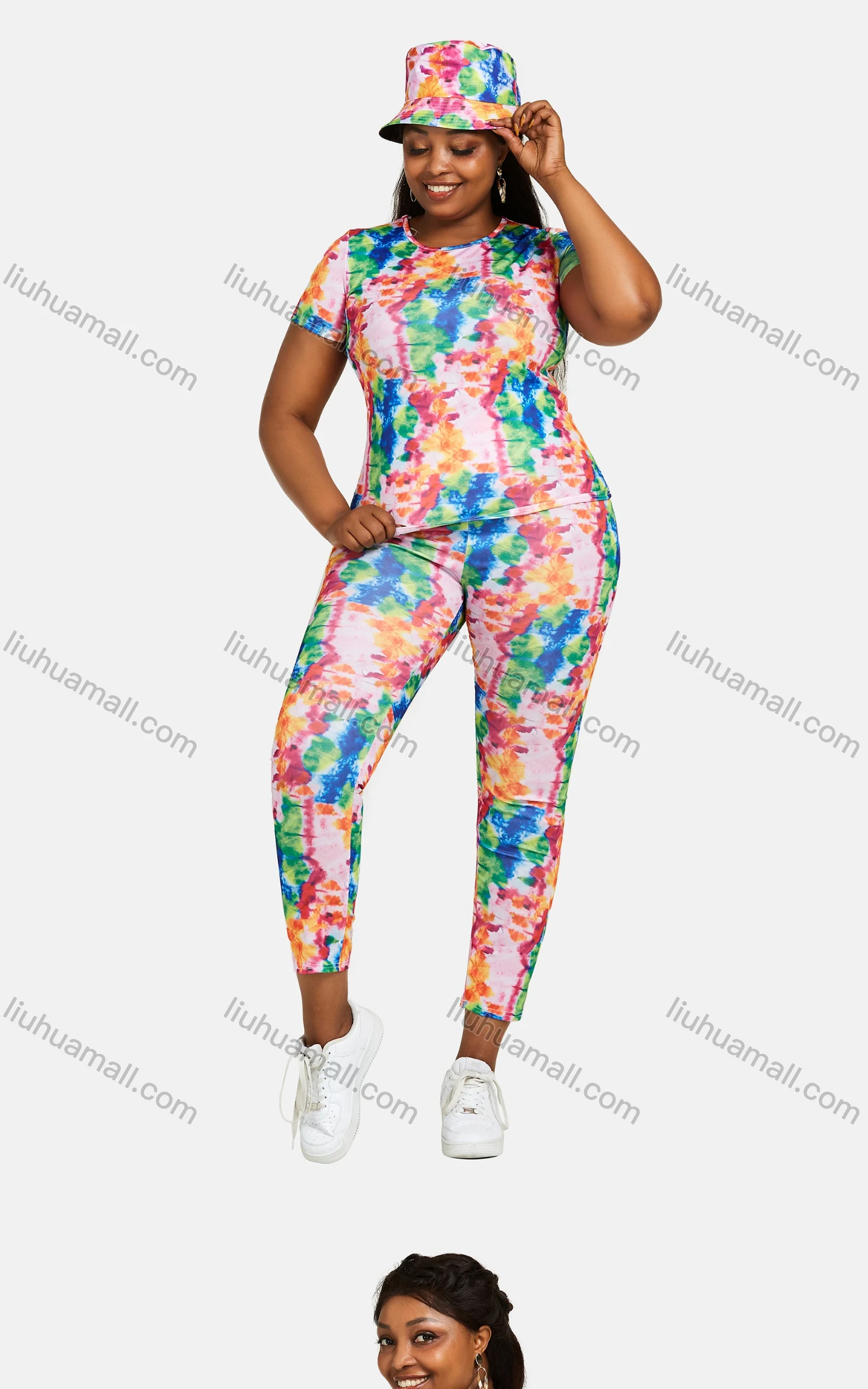 Wholesale Women's 3 Piece Silm Fit Allover Tie Dye Print T-Shirt & Cropped Pants Set With Bucket Hat 28172# - Liuhuamall