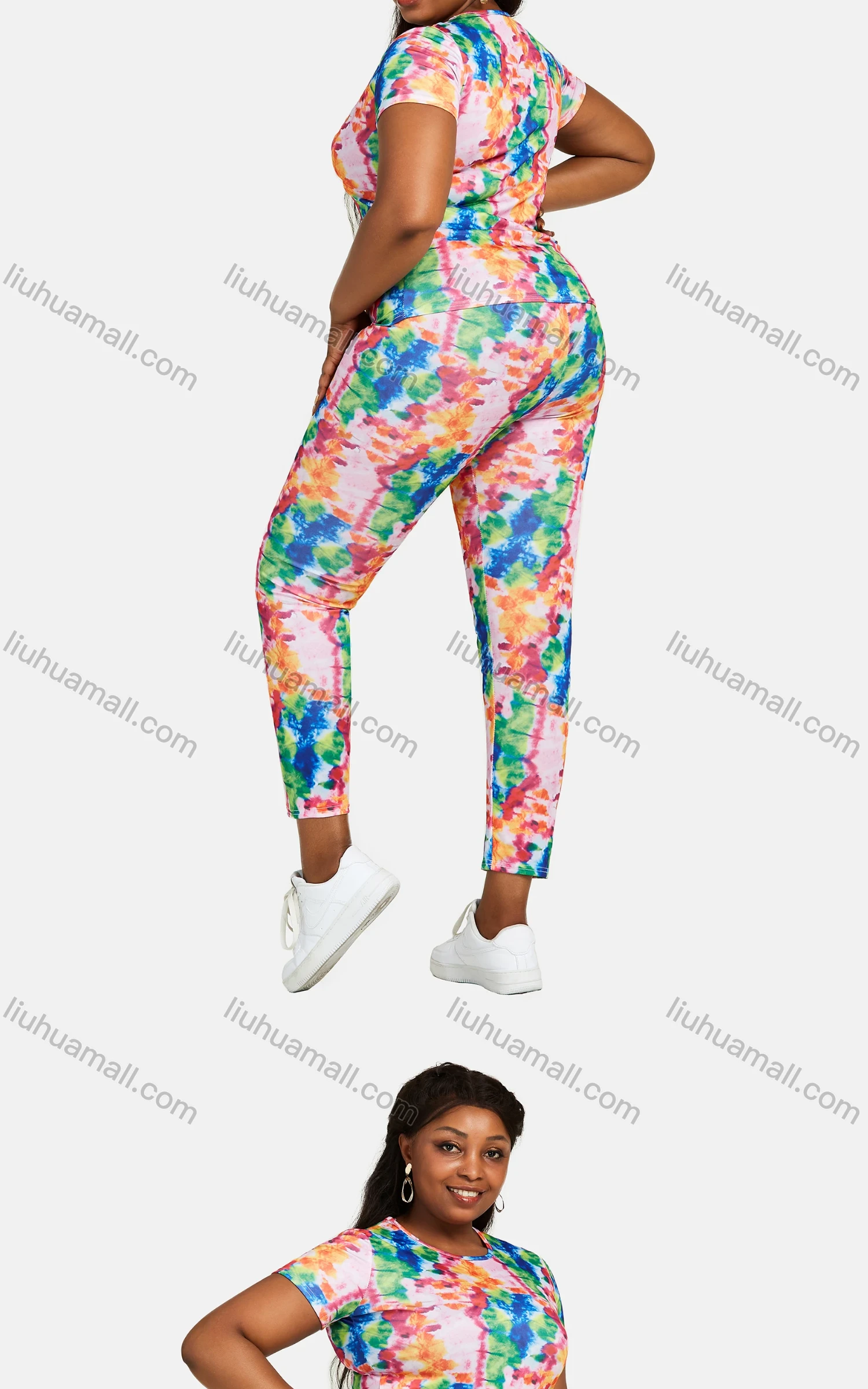 Wholesale Women's 3 Piece Silm Fit Allover Tie Dye Print T-Shirt & Cropped Pants Set With Bucket Hat 28172# - Liuhuamall