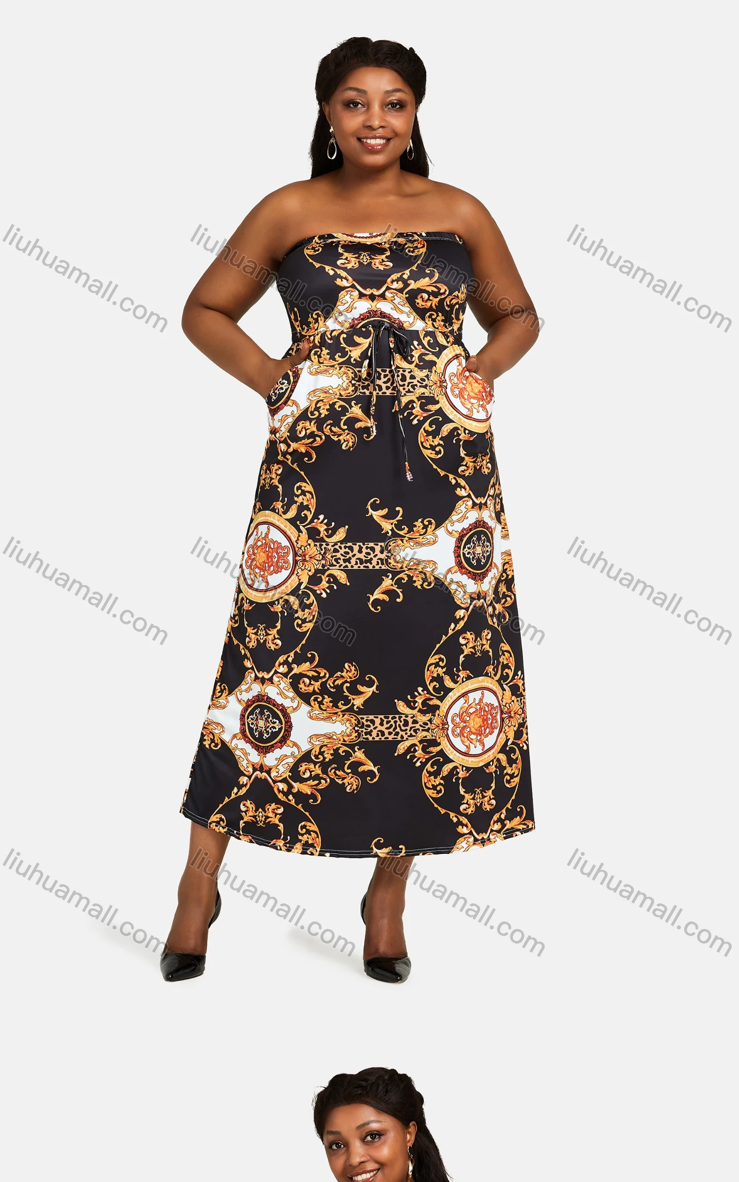 Wholesale Women's Off Shoulder High Waist Baroque Print Maxi Tube Dress 28203A# - Liuhuamall