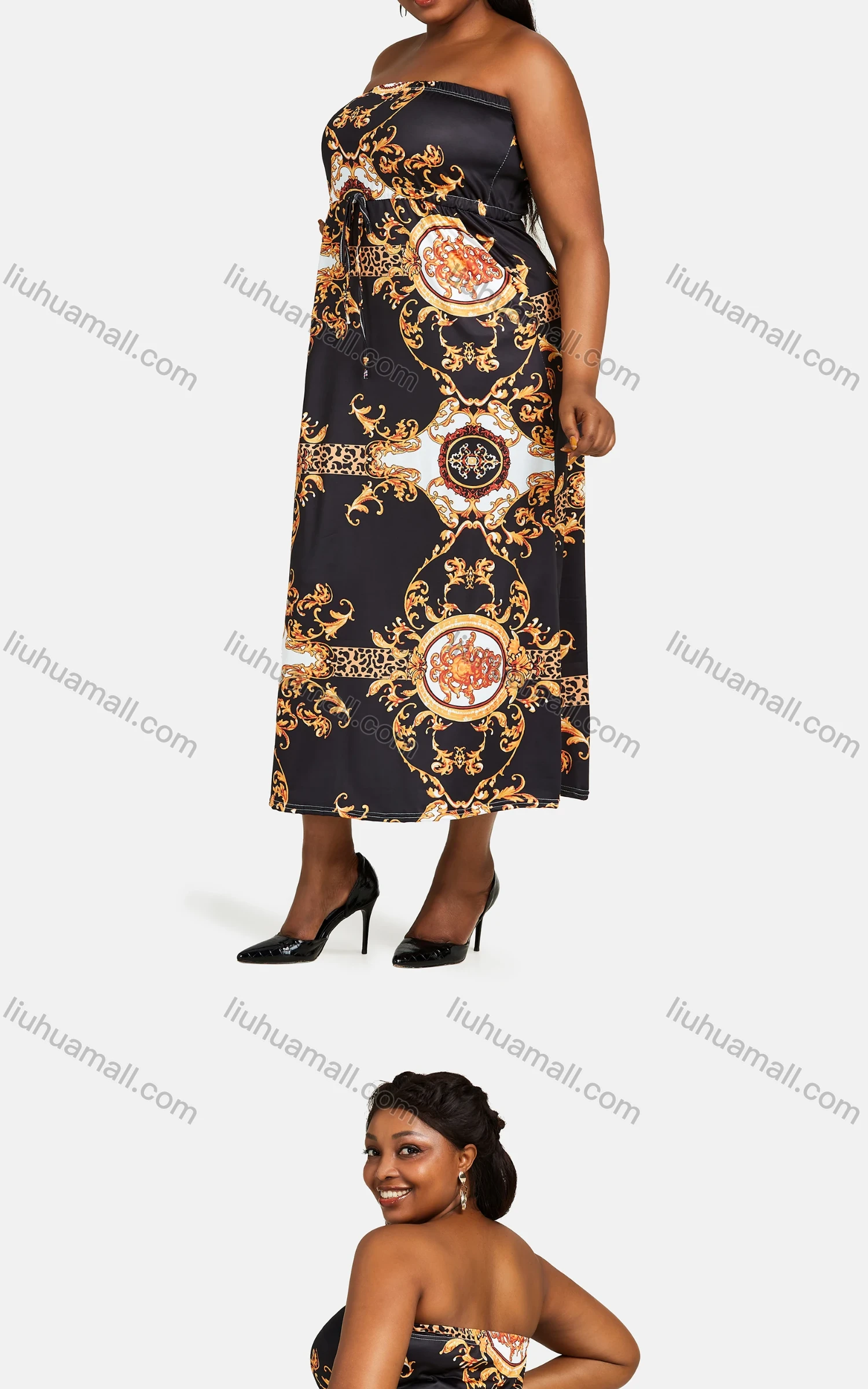 Wholesale Women's Off Shoulder High Waist Baroque Print Maxi Tube Dress 28203A# - Liuhuamall