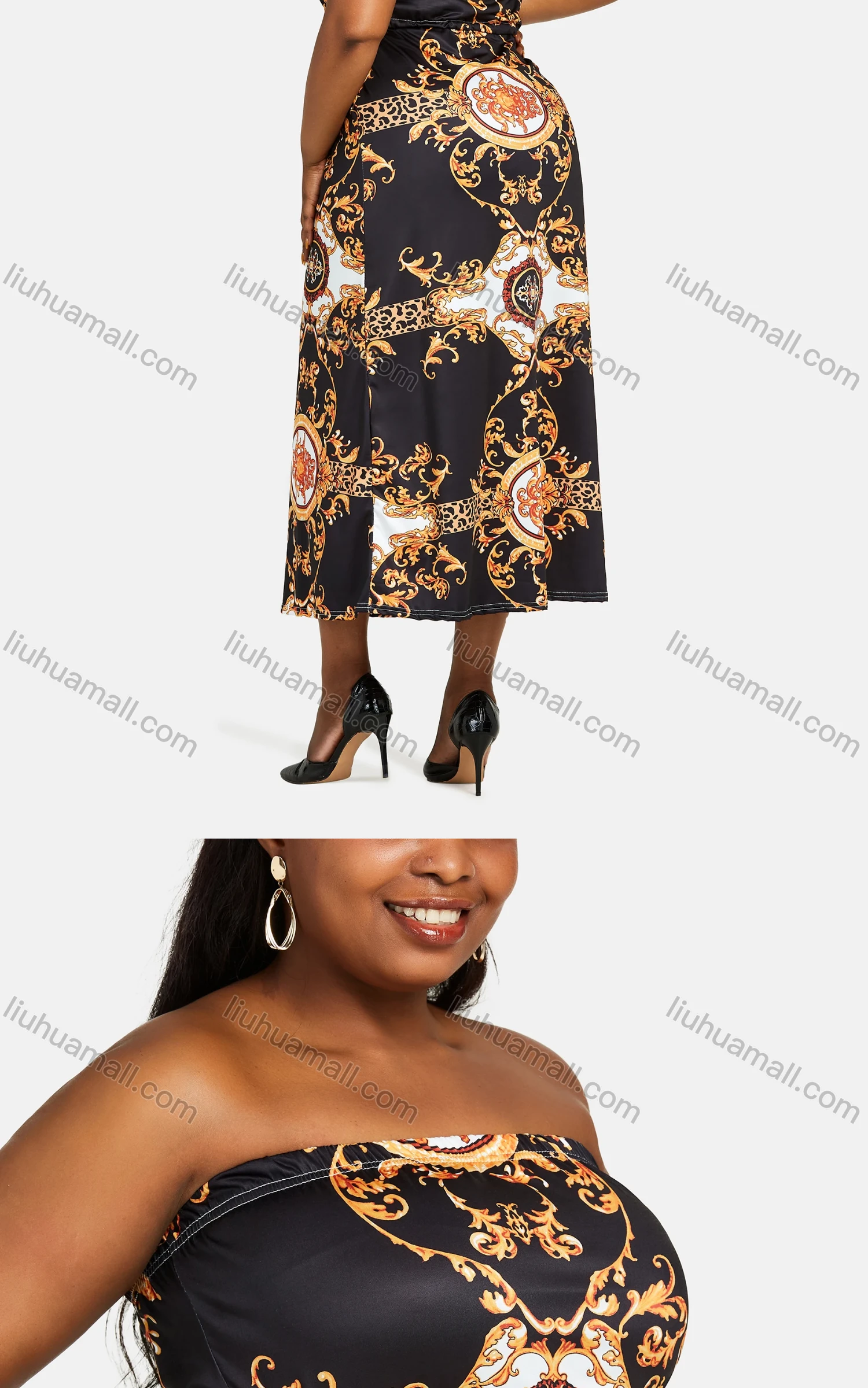 Wholesale Women's Off Shoulder High Waist Baroque Print Maxi Tube Dress 28203A# - Liuhuamall