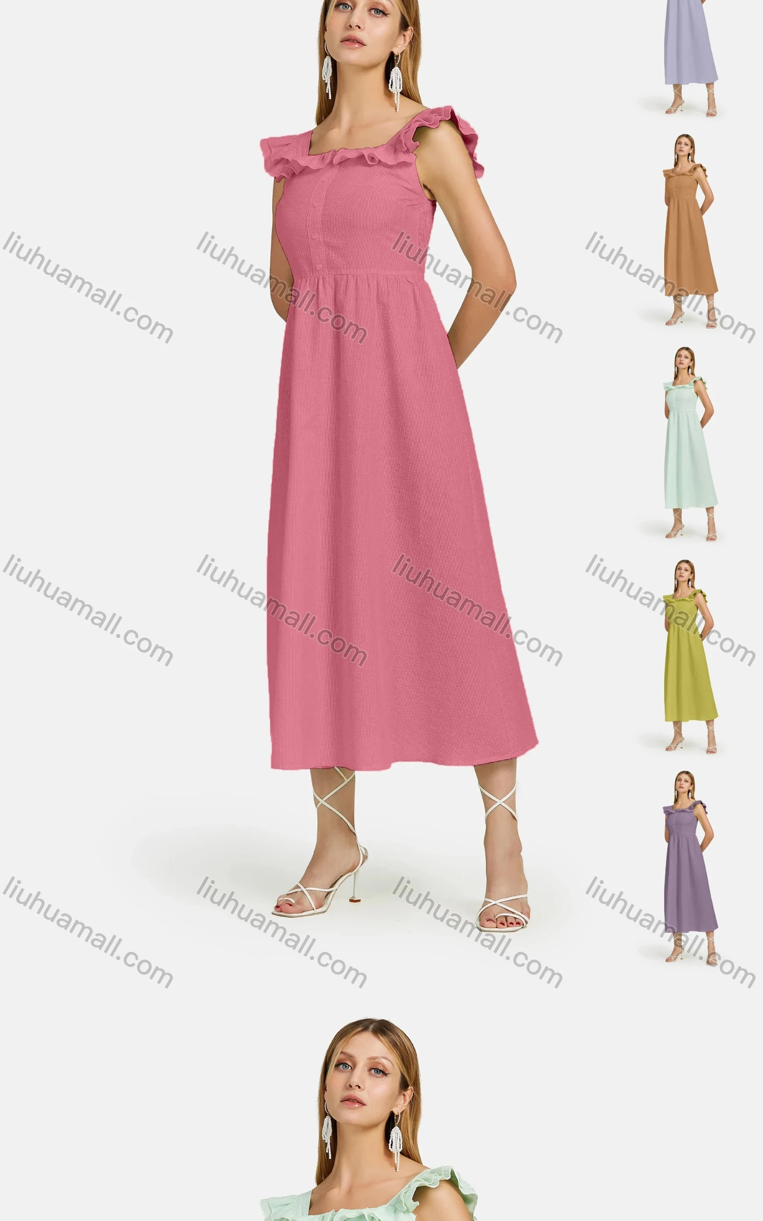 Wholesale Women's Striped Square Neck Button Front Ruffle Trim Shirred Midi Tank Dress - Liuhuamall