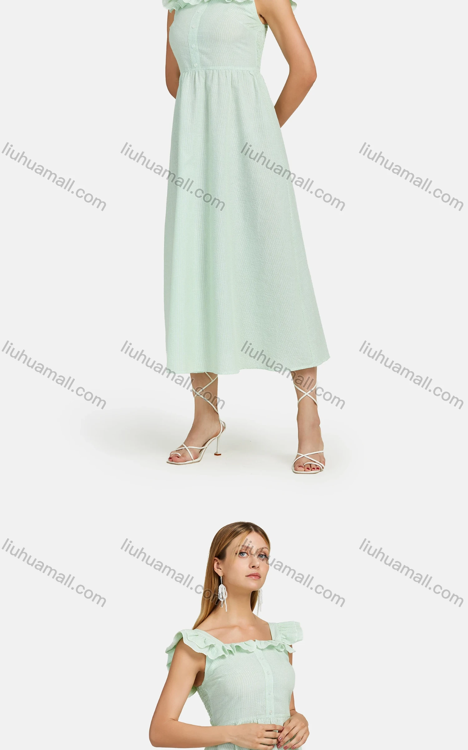 Wholesale Women's Striped Square Neck Button Front Ruffle Trim Shirred Midi Tank Dress - Liuhuamall