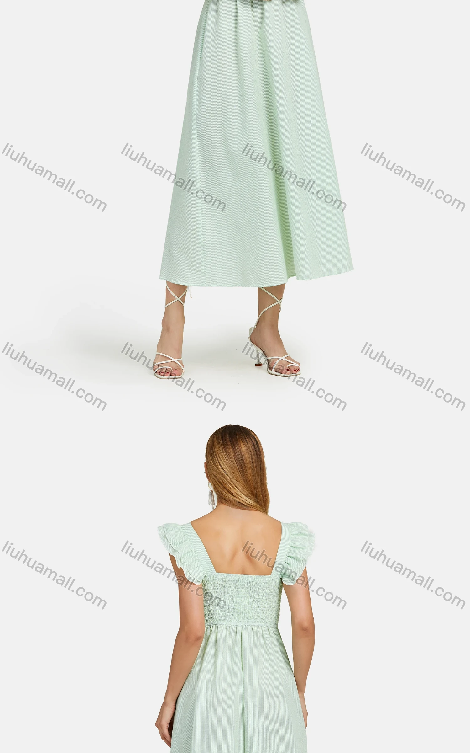 Wholesale Women's Striped Square Neck Button Front Ruffle Trim Shirred Midi Tank Dress - Liuhuamall