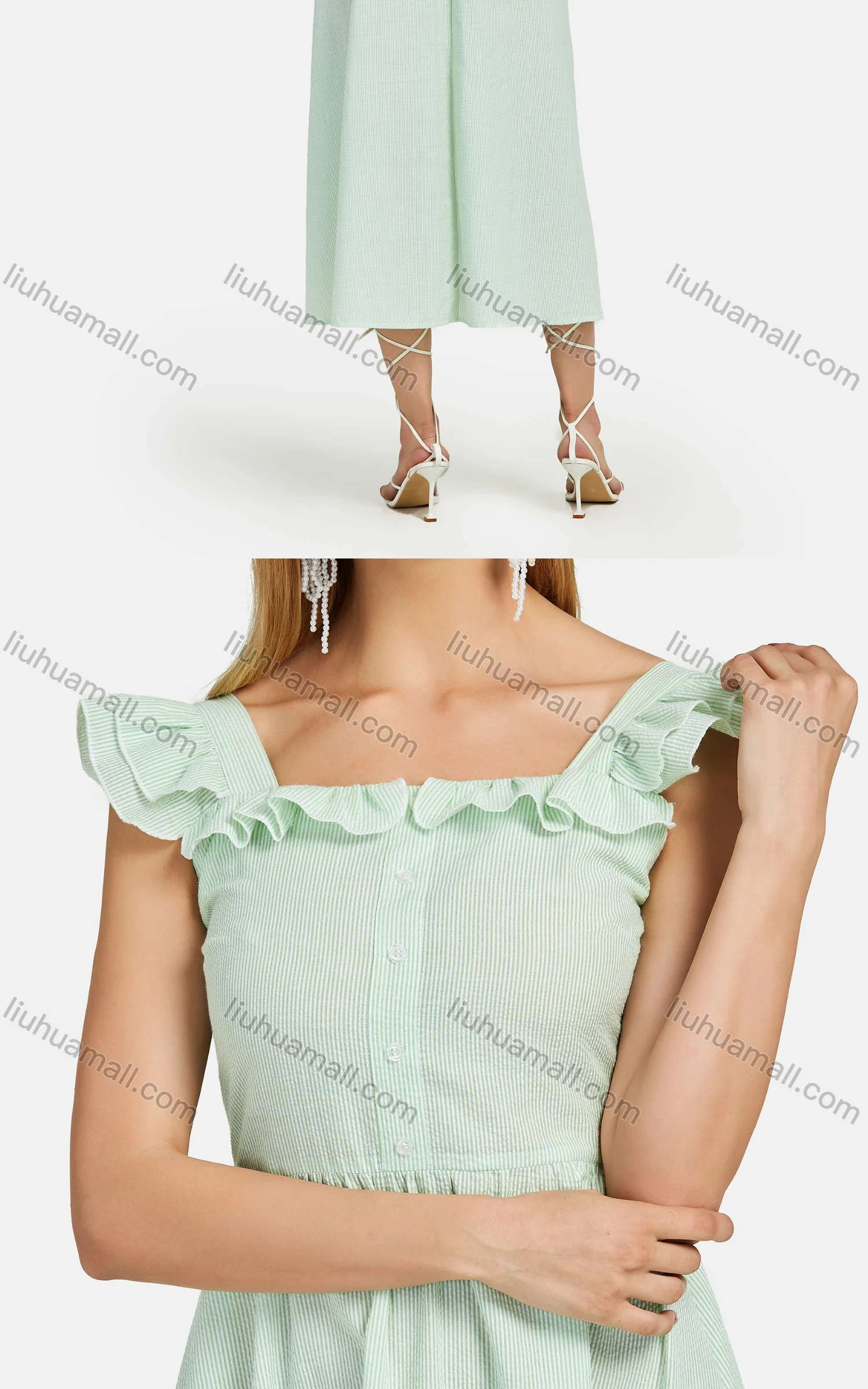 Wholesale Women's Striped Square Neck Button Front Ruffle Trim Shirred Midi Tank Dress - Liuhuamall