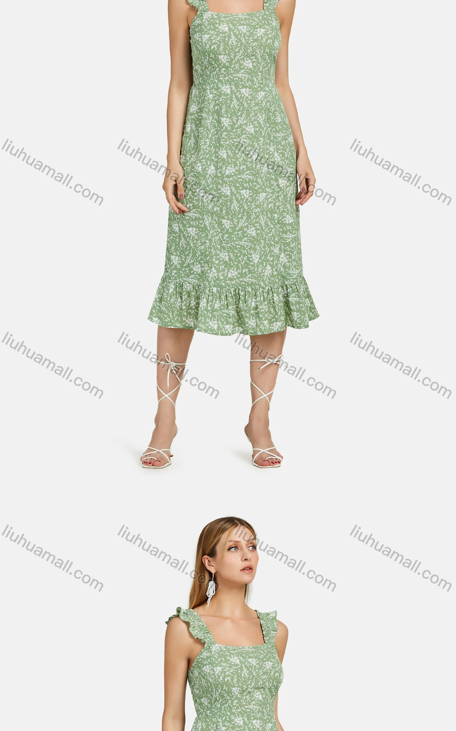 Wholesale Women's Casual Square Neck Plant Print Ruffle Trim Midi Tank Dress 2203# - Liuhuamall