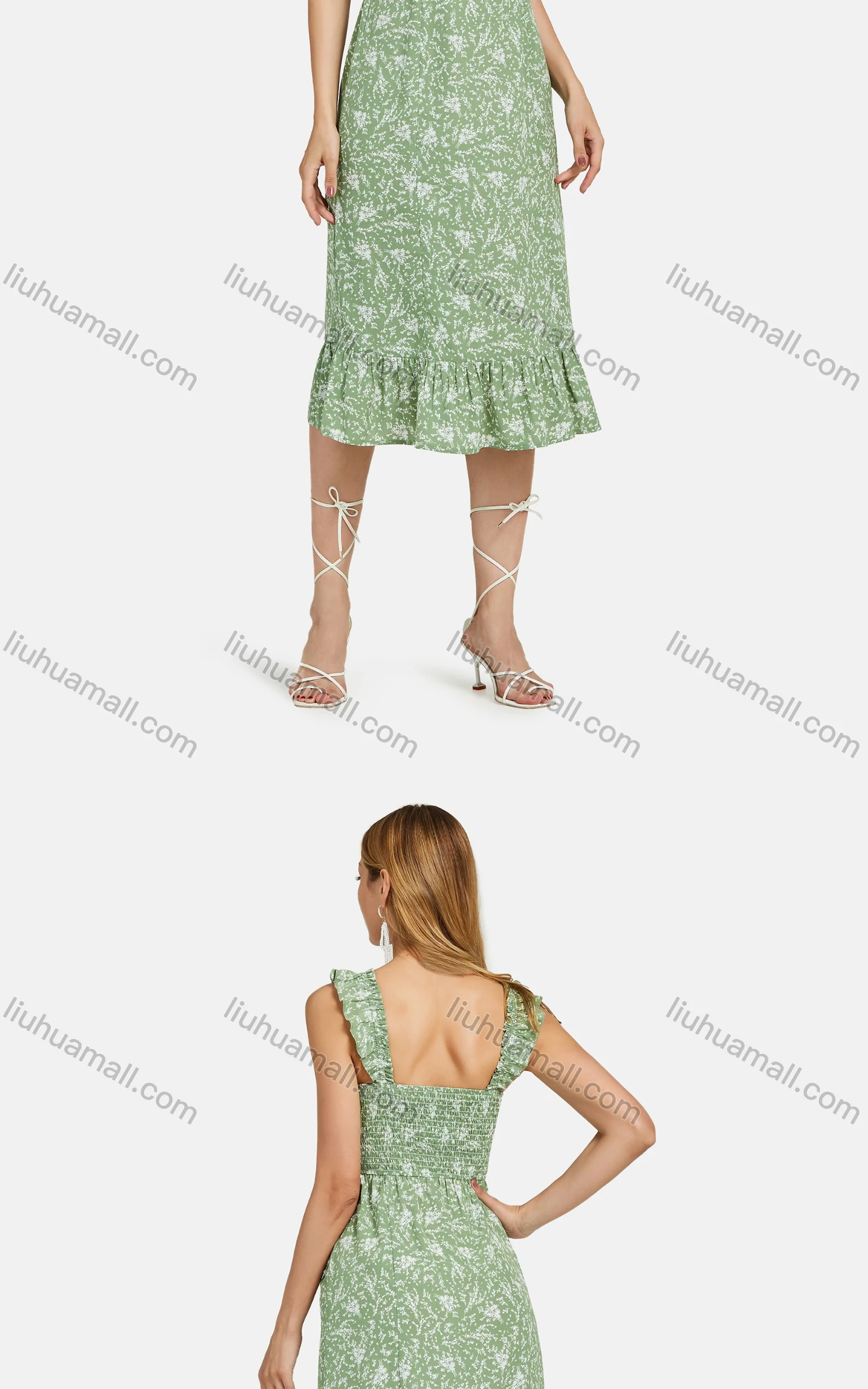 Wholesale Women's Casual Square Neck Plant Print Ruffle Trim Midi Tank Dress 2203# - Liuhuamall