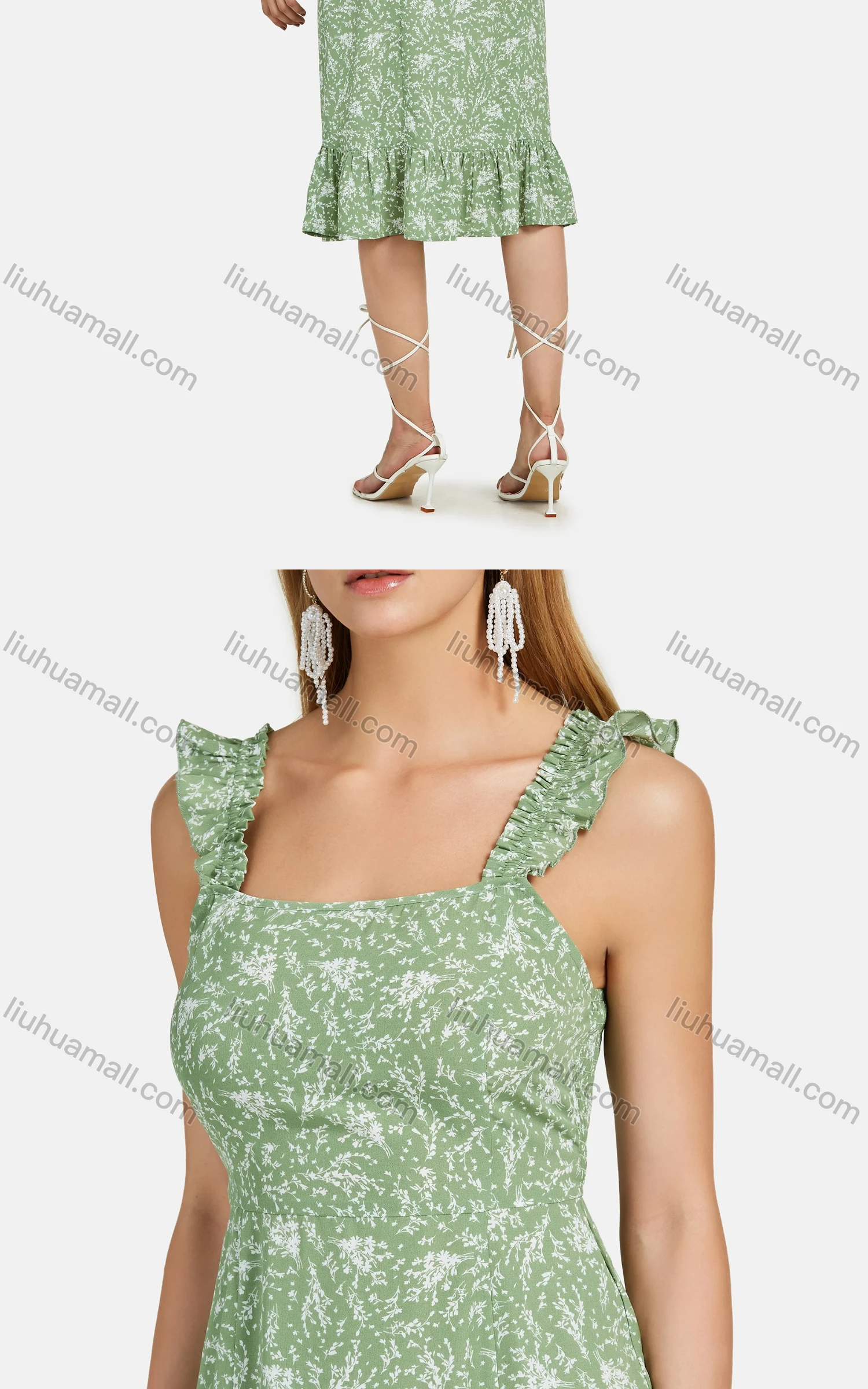 Wholesale Women's Casual Square Neck Plant Print Ruffle Trim Midi Tank Dress 2203# - Liuhuamall