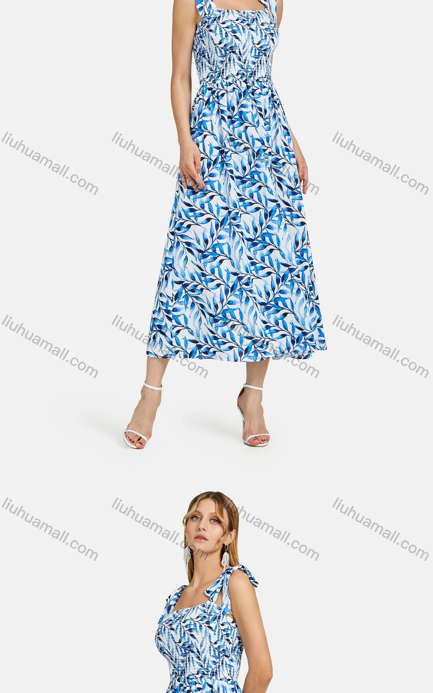 Wholesale Women's Casual Ruched Plant Print Shirred Lace Up Straps Maxi Cami Dress - Liuhuamall