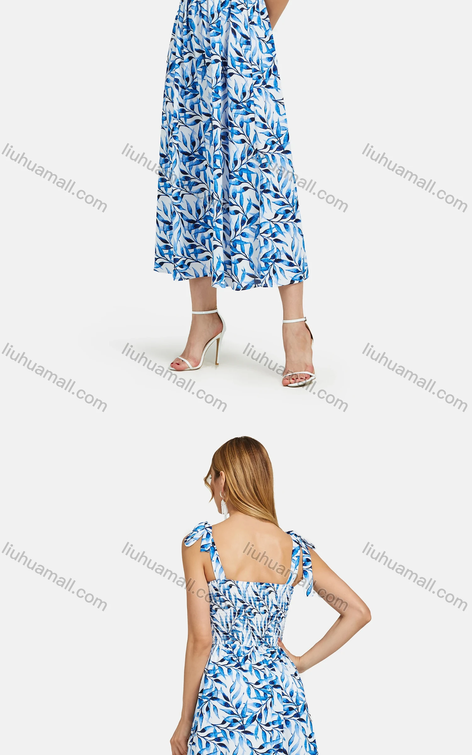 Wholesale Women's Casual Ruched Plant Print Shirred Lace Up Straps Maxi Cami Dress - Liuhuamall