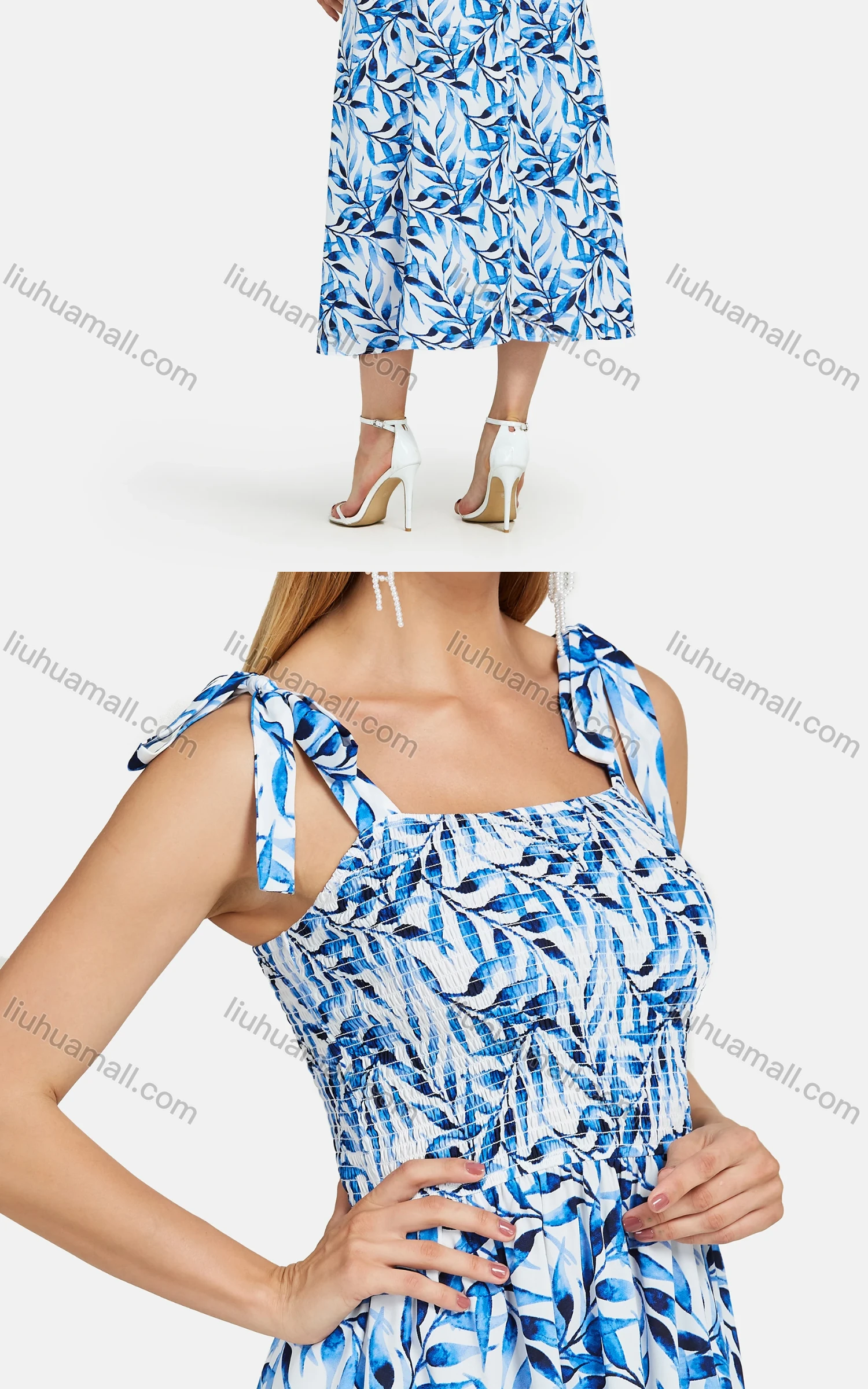 Wholesale Women's Casual Ruched Plant Print Shirred Lace Up Straps Maxi Cami Dress - Liuhuamall