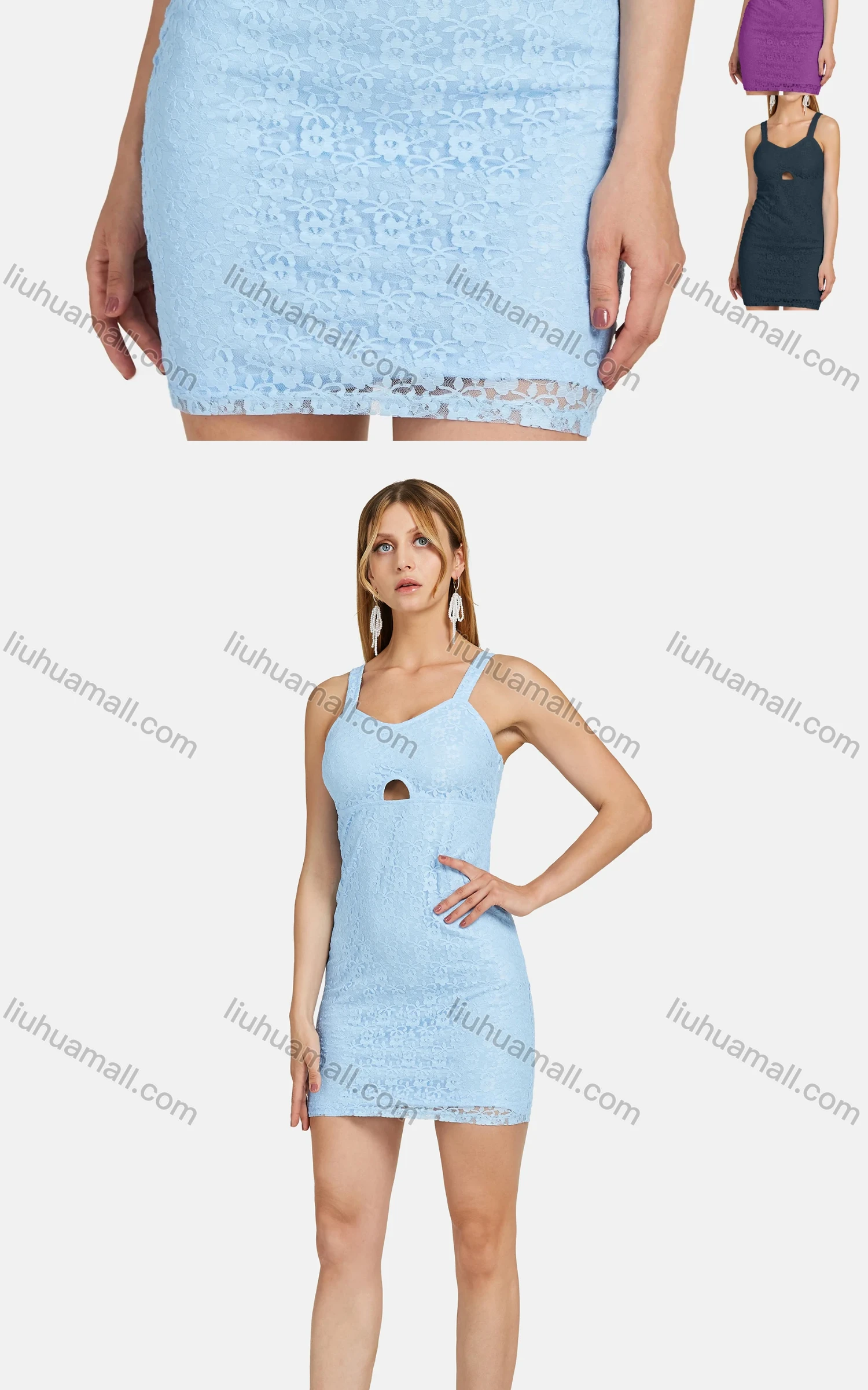 Wholesale Women's Casual Plain Sweetheart Neck Guipure Lace Cut Out Mini Cami Dress - Liuhuamall