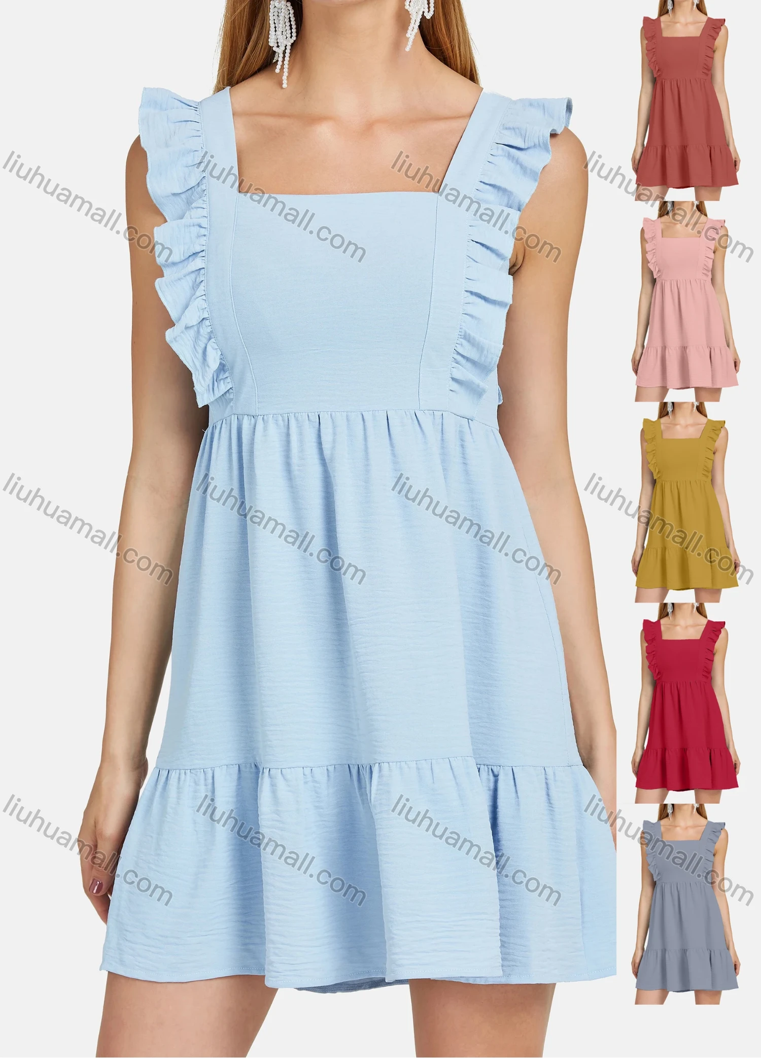 Wholesale Women's Casual Plain Ruched Square Neck Zipper Back Ruffle Trim Short Cami Dress - Liuhuamall