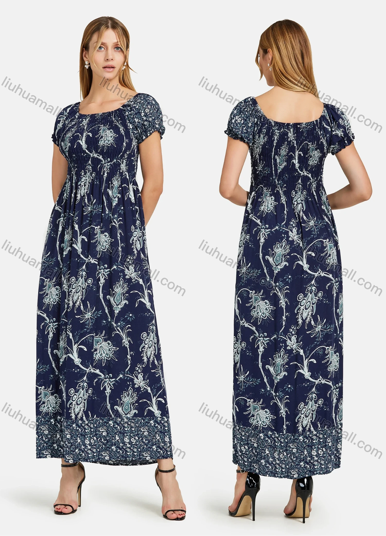 Wholesale Women's Casual Bateau Neck Shirred Ruffle Trim Maxi Dress - Liuhuamall