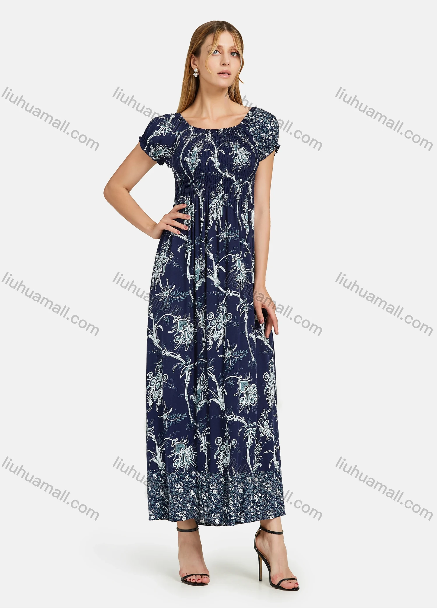 Wholesale Women's Casual Bateau Neck Shirred Ruffle Trim Maxi Dress - Liuhuamall