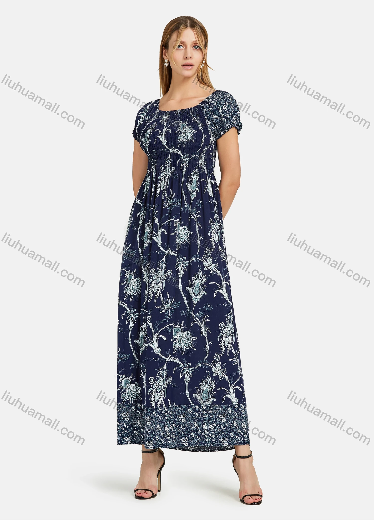 Wholesale Women's Casual Bateau Neck Shirred Ruffle Trim Maxi Dress - Liuhuamall