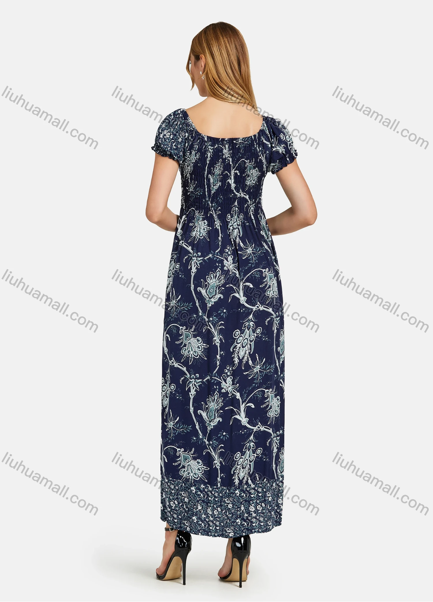 Wholesale Women's Casual Bateau Neck Shirred Ruffle Trim Maxi Dress - Liuhuamall