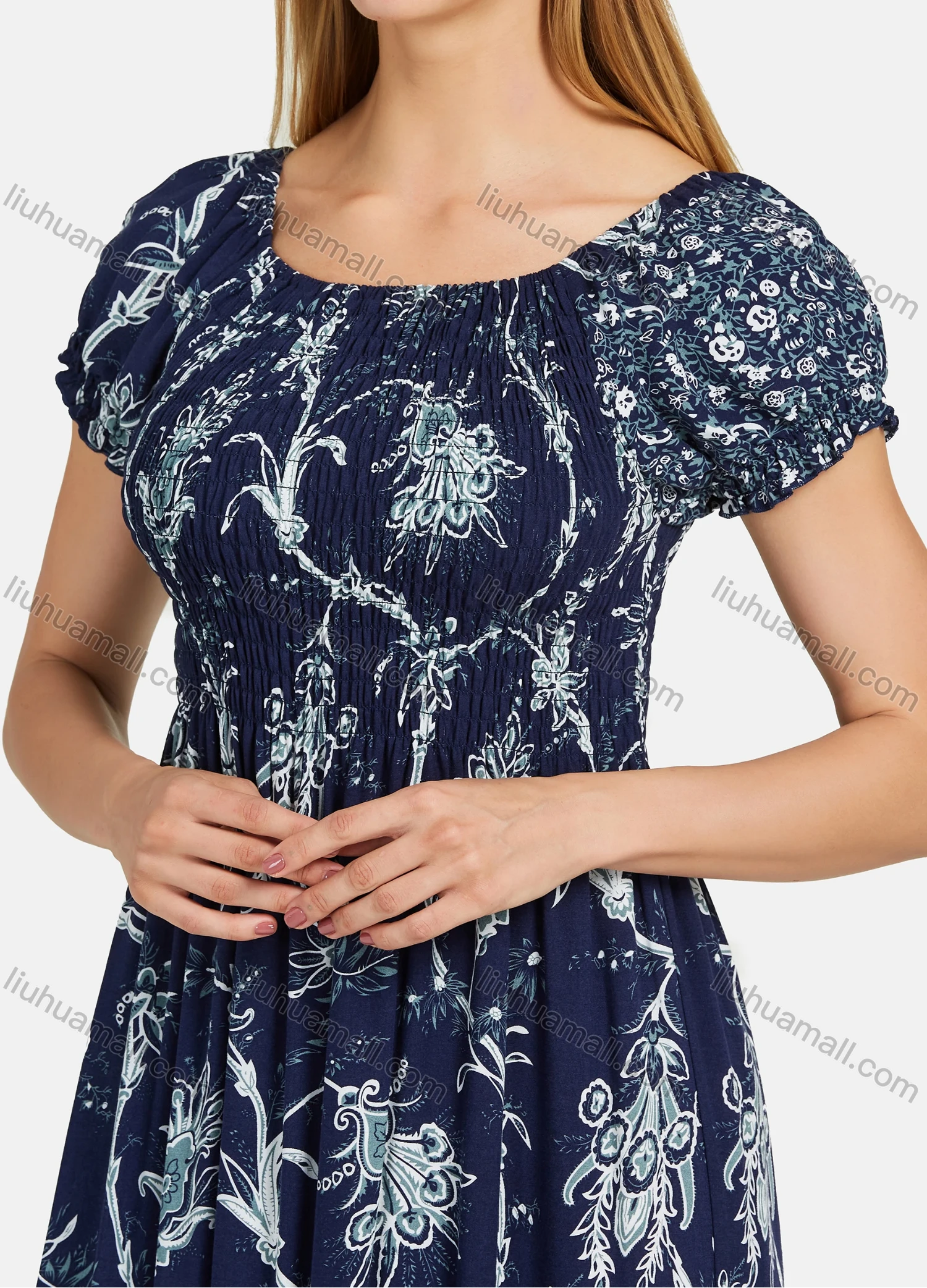 Wholesale Women's Casual Bateau Neck Shirred Ruffle Trim Maxi Dress - Liuhuamall