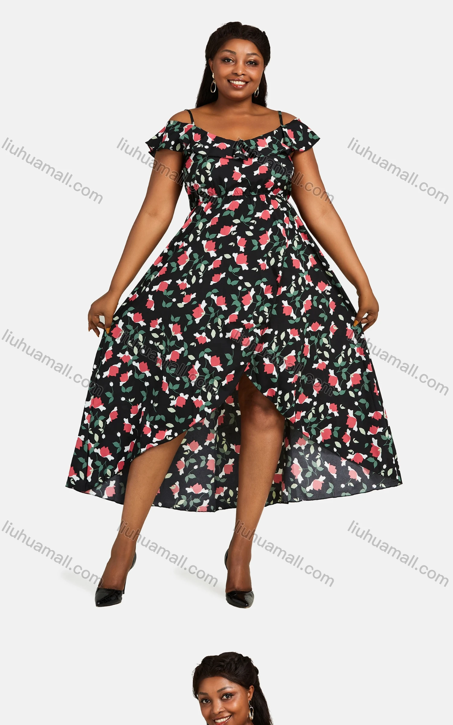 Wholesale Women's Cold Shoulder Cap Sleeve Froral Print Midi Dress A09# - Liuhuamall